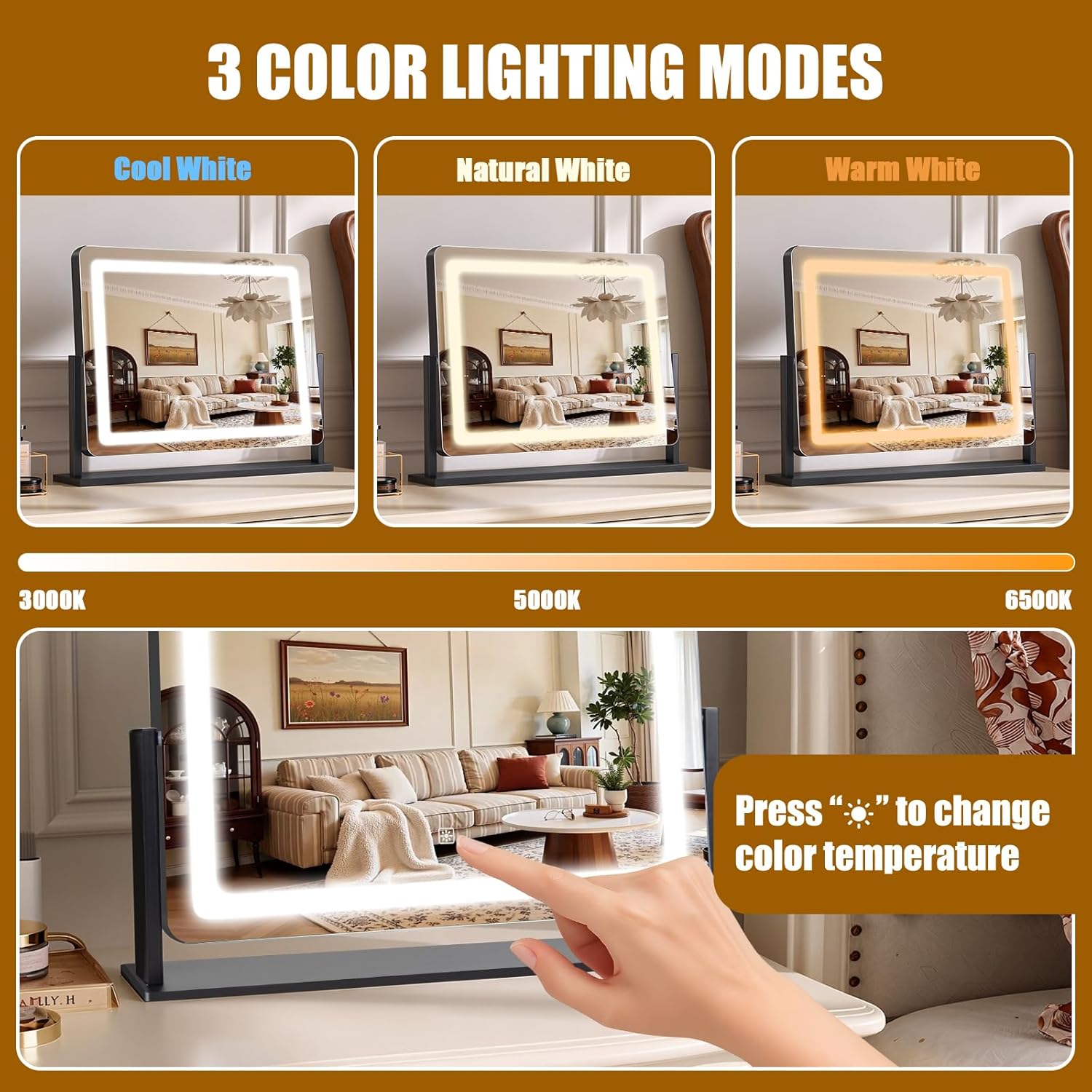 Vanity Mirror with Lights 22"×17", Large LED Makeup Mirror with Light, Smart Touch with 3-Color Lighting, Dimmable, 360° Rotation, HD Desk Mirror, Vanity Mirror Tabletop (Black)