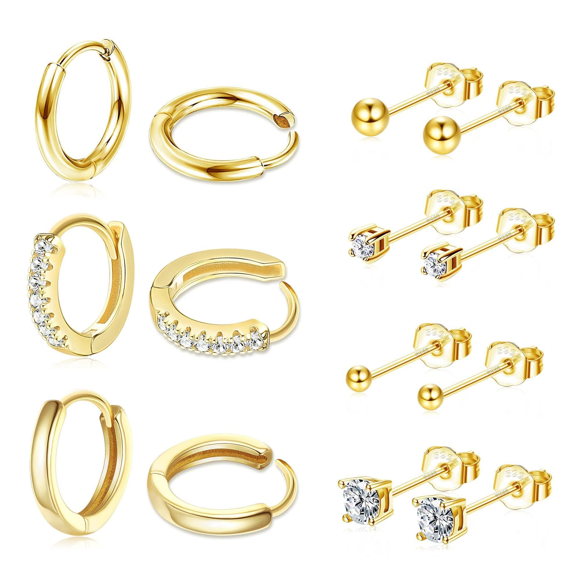 LOLIAS7 Pares 925 Plata Pendientes Mujer Oro Pendientes de Aro de Oro Circonita Piercing Oreja Oro de 14K Pendiente Hipoalergénico Pendientes Dorados para Mujeres y Niñas