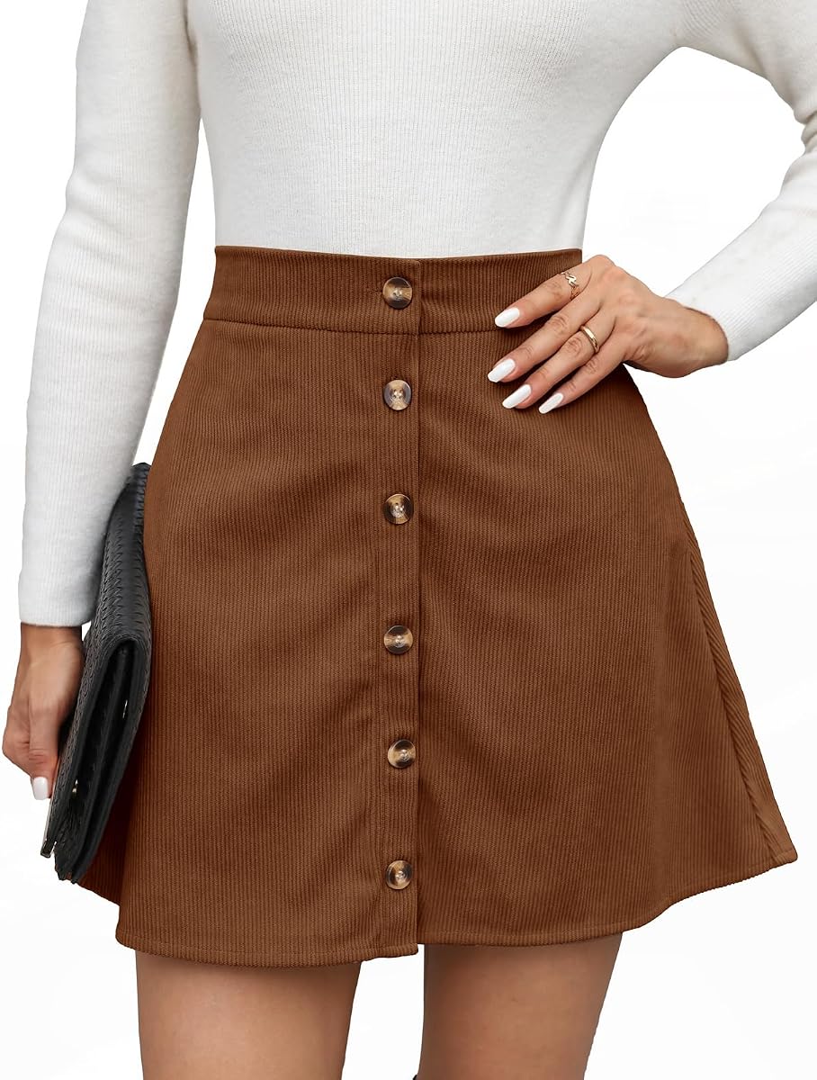 HEEKPEK Womens Corduroy Mini Skirt High Waisted A-Line Skater Skirt Pockets