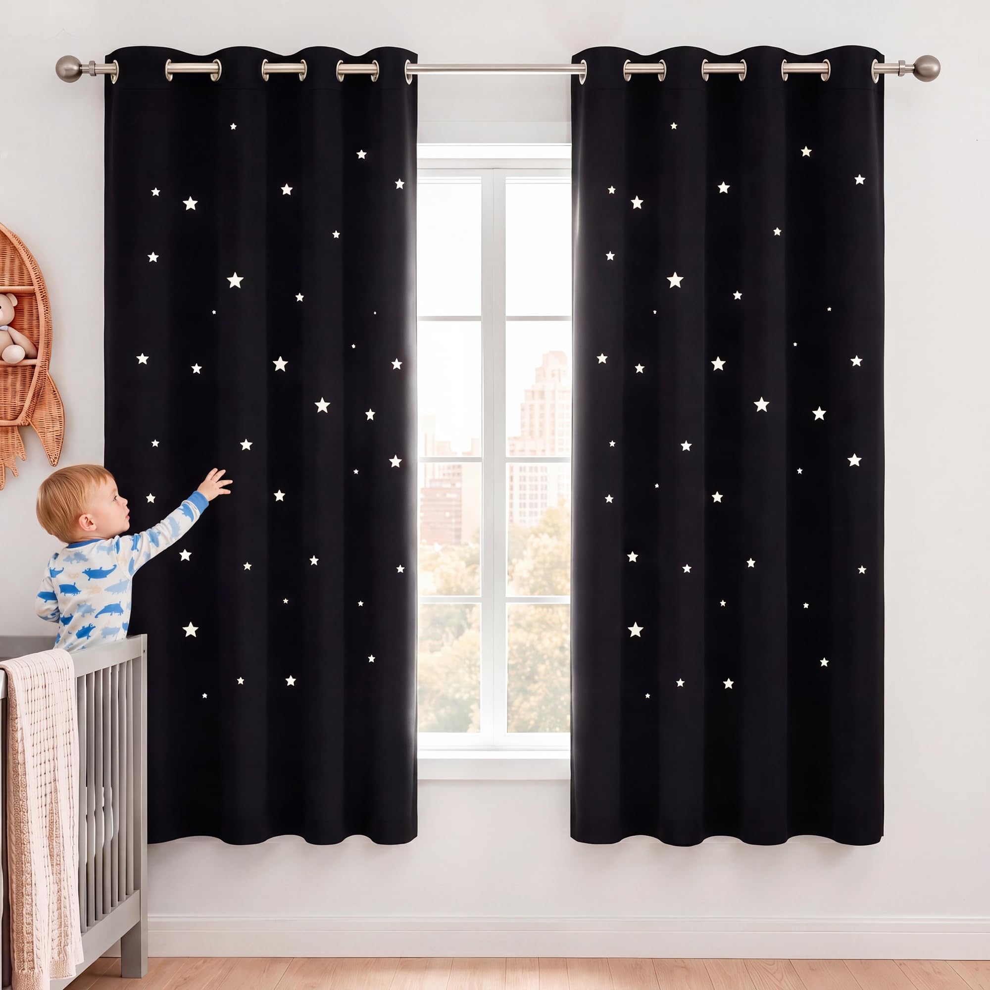 NICETOWN Black Hollow Star Blackout Kids Curtain, 1 Panel, W52 x L63