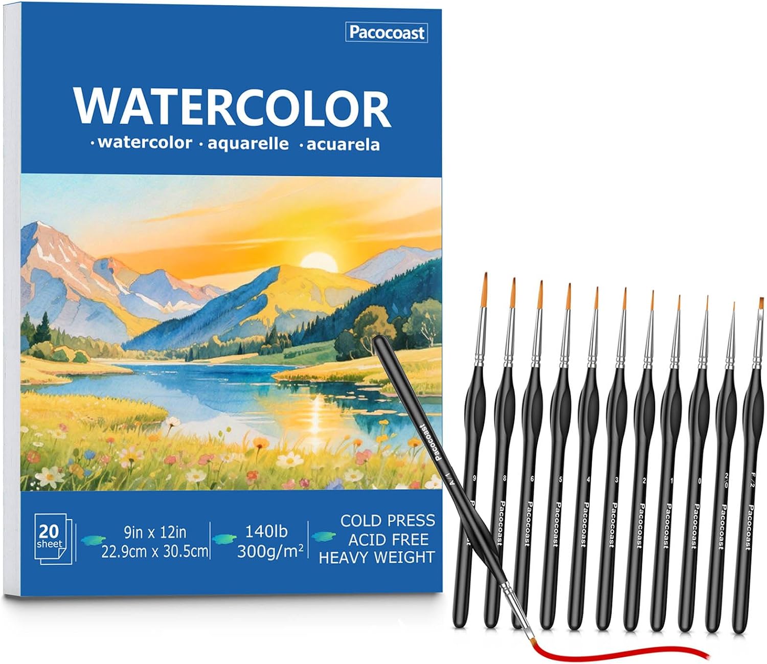 9"X12" Watercolor Paper (300gsm Cold Press) & 12PC Multi-Size Triangular-Handle Miniature Detail Brushes Set,Premium Art Supplies for Watercolor, Acrylic, Gouache, Fine Detailing & Painting