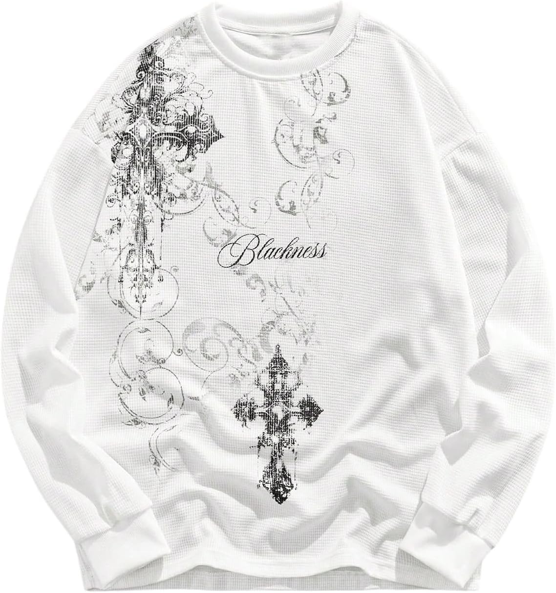 SHENHE Men's Gothic Graphic Sweatshirt Waffle Knit Crewneck Cross Print Unisex Sweatshirt