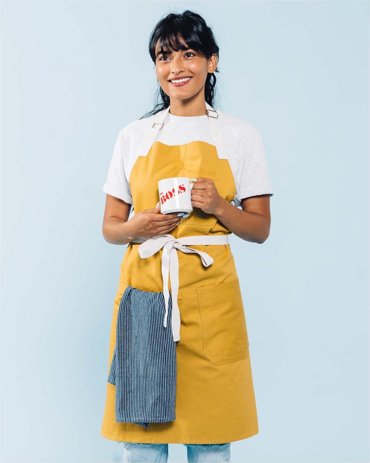 Caldo Daily Cotton Kitchen Apron for Cooking- Mens and Womens Professional Chef or Server Bib Apron - Adjustable Straps with Pockets and Towel Loop (Mustard) - Image 5