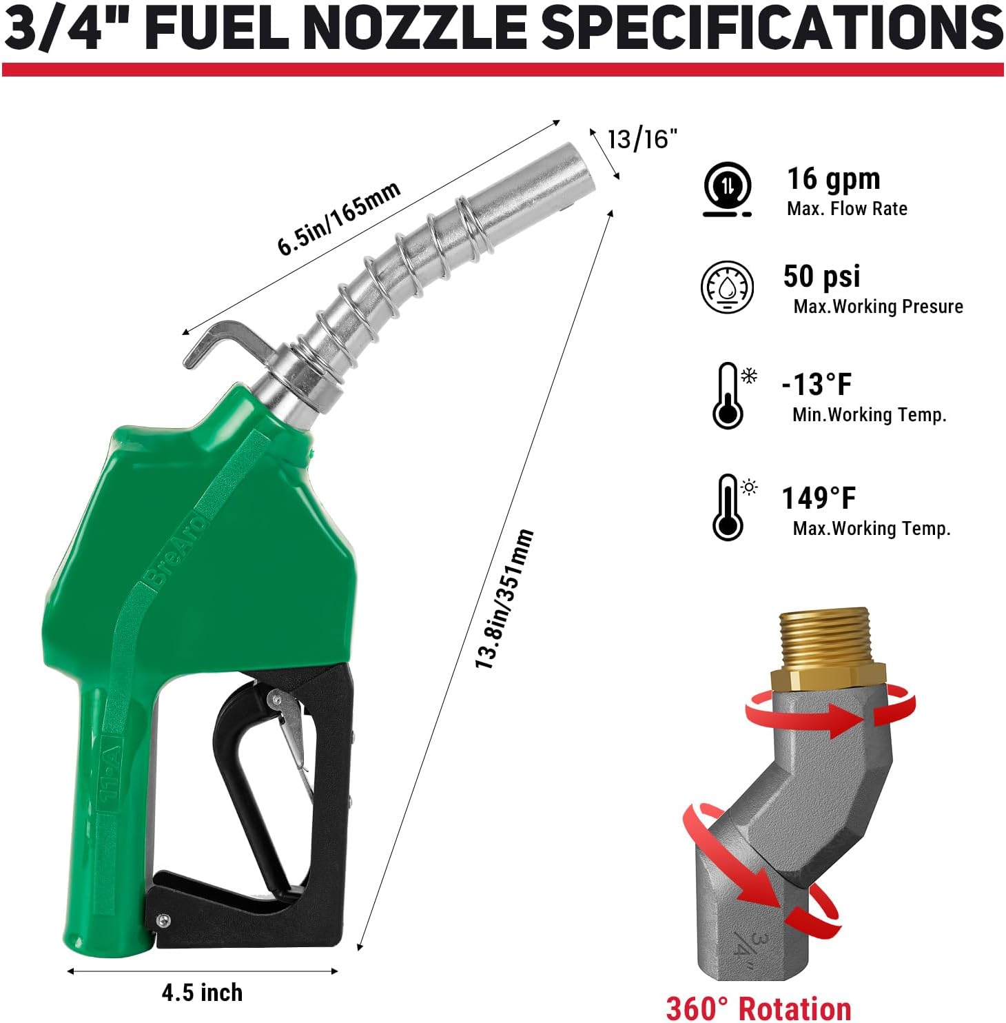 3/4" NPT Automatic Fuel Nozzle with Hook, Gas Pump Handle Fuel Nozzle with 3-speed Padlock (9-16 GPM) for Gasoline, Diesel, Biodiesel up to B20, E15 & Kerosene (Green)