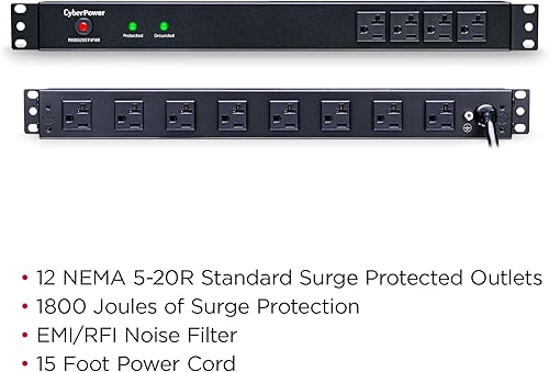 Miniatura 4 de CyberPower RKBS20ST4F8R Protector contra sobretensiones para barra de raqueta, 120V20A, 12 tomas, cable de alimentación de 15 pies, montaje en rack