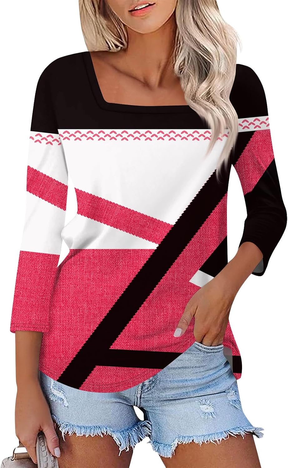Women's Summer Tops, 3/4 Length Sleeve Tops Square Neck T-Shirts Summer Casual Blouses, S-3XL