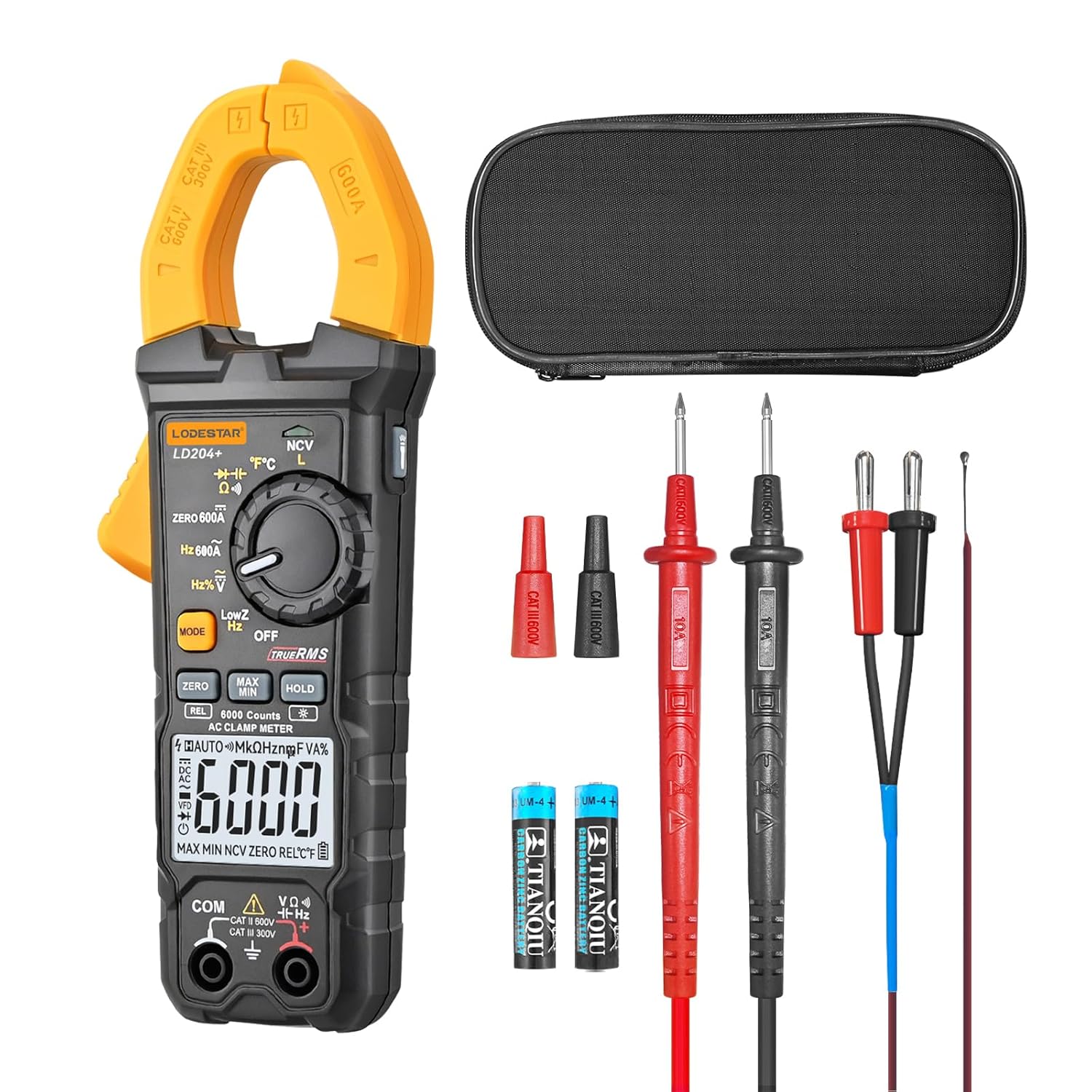 Digital Clamp Meter Multimeter 6000 Counts Voltage Tester with Auto Range, AC/DC Voltage, AC/DC Current, Resistance, Capacitance, ACV LowZ, Diode, Live Wire Test, NCV, True RMS,AC Current Meter LD204+