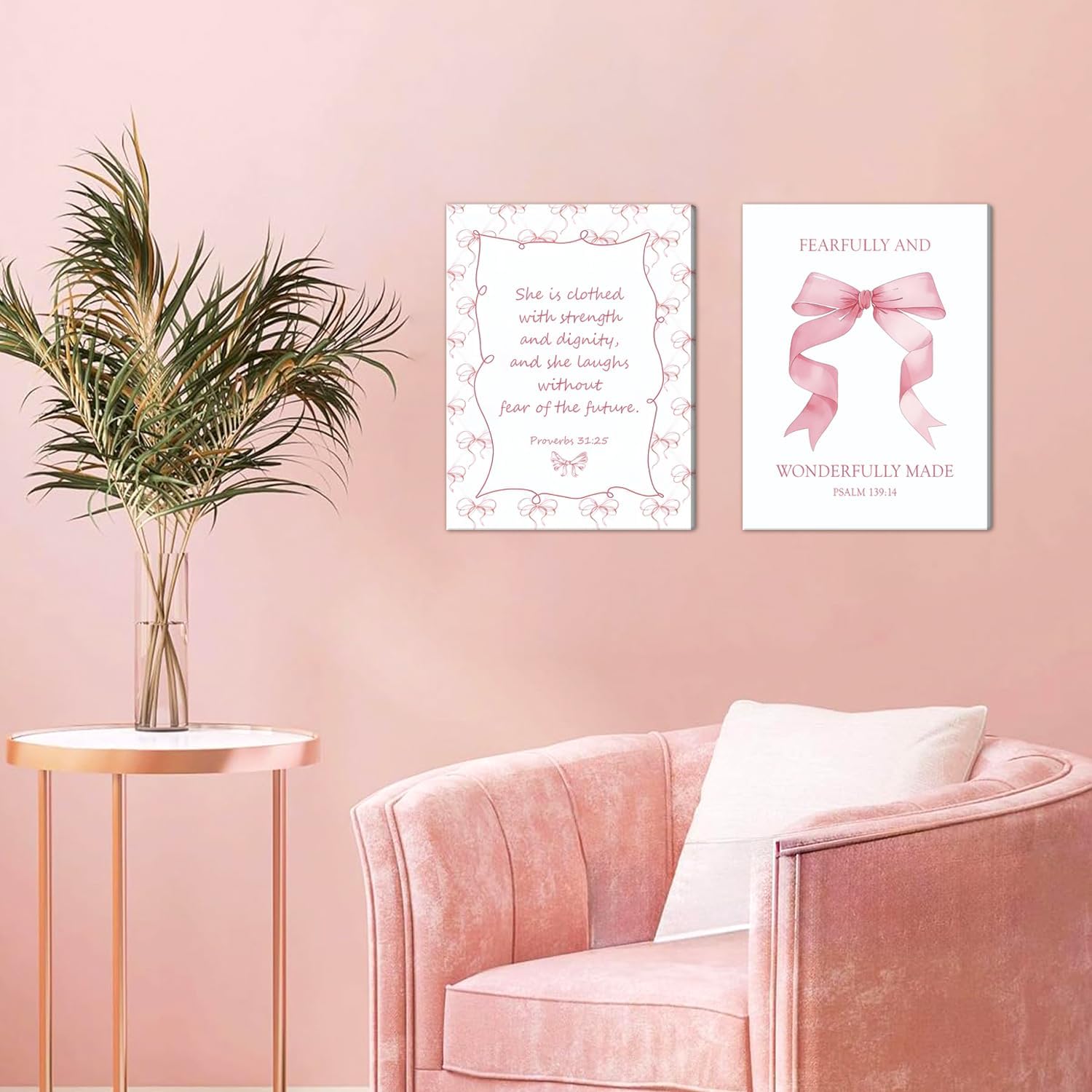 Coquette Pink Bow Wall Art Set of 3, Light Pink Christian Wall Decor Pictures, Jesus Verses Bible Canvas Posters Paintings Preppy Prints for Teen Girls Dorm Bedroom Bathroom 16x24 Inch Framed