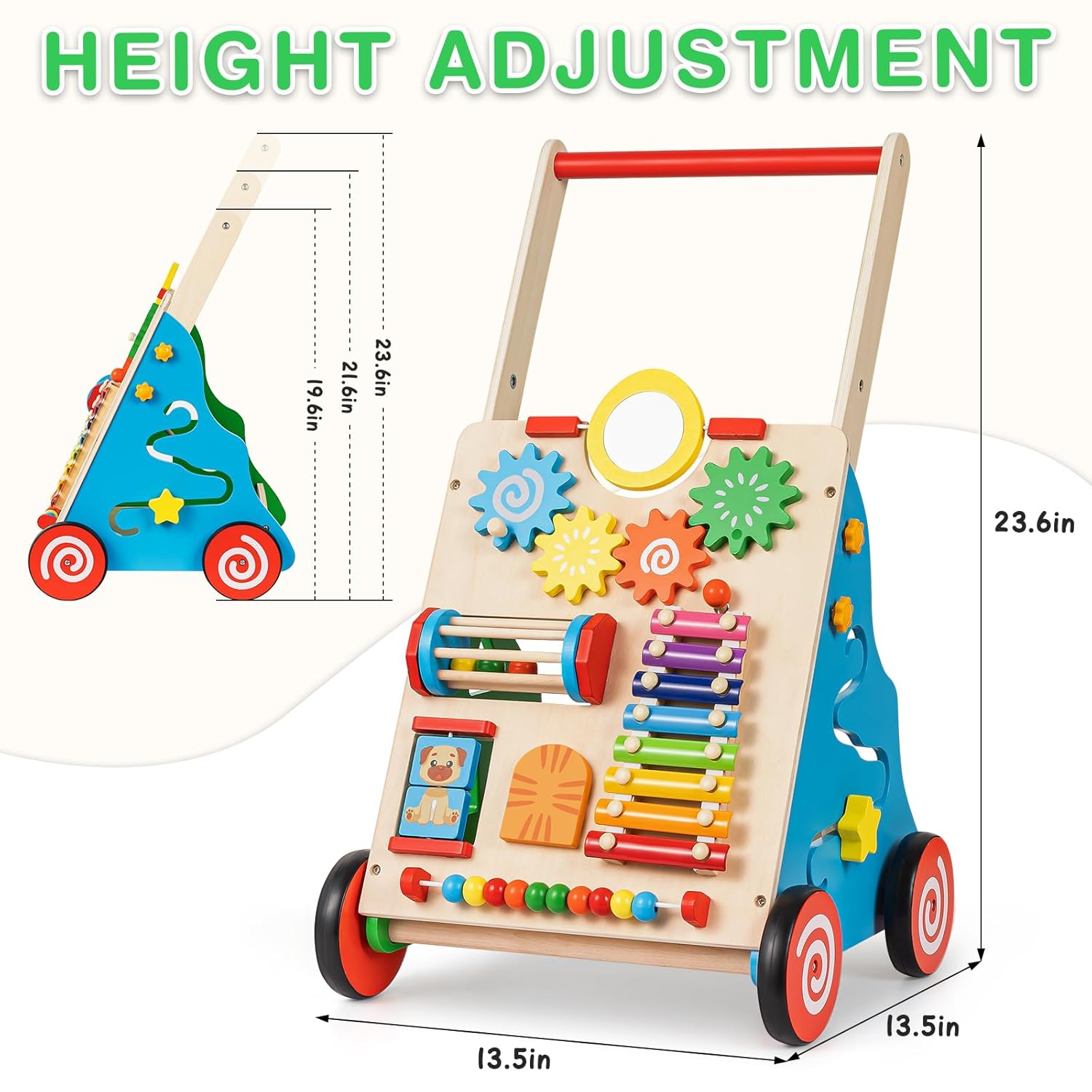 HUZU Wooden Baby Walker with Wheels, Montessori Push and Pull Activity Center for Toddlers, Adjustable Height & Speed, Learning Toy for 6-12 Months 1-3 Years Old Boys and Girls (Rainbow)