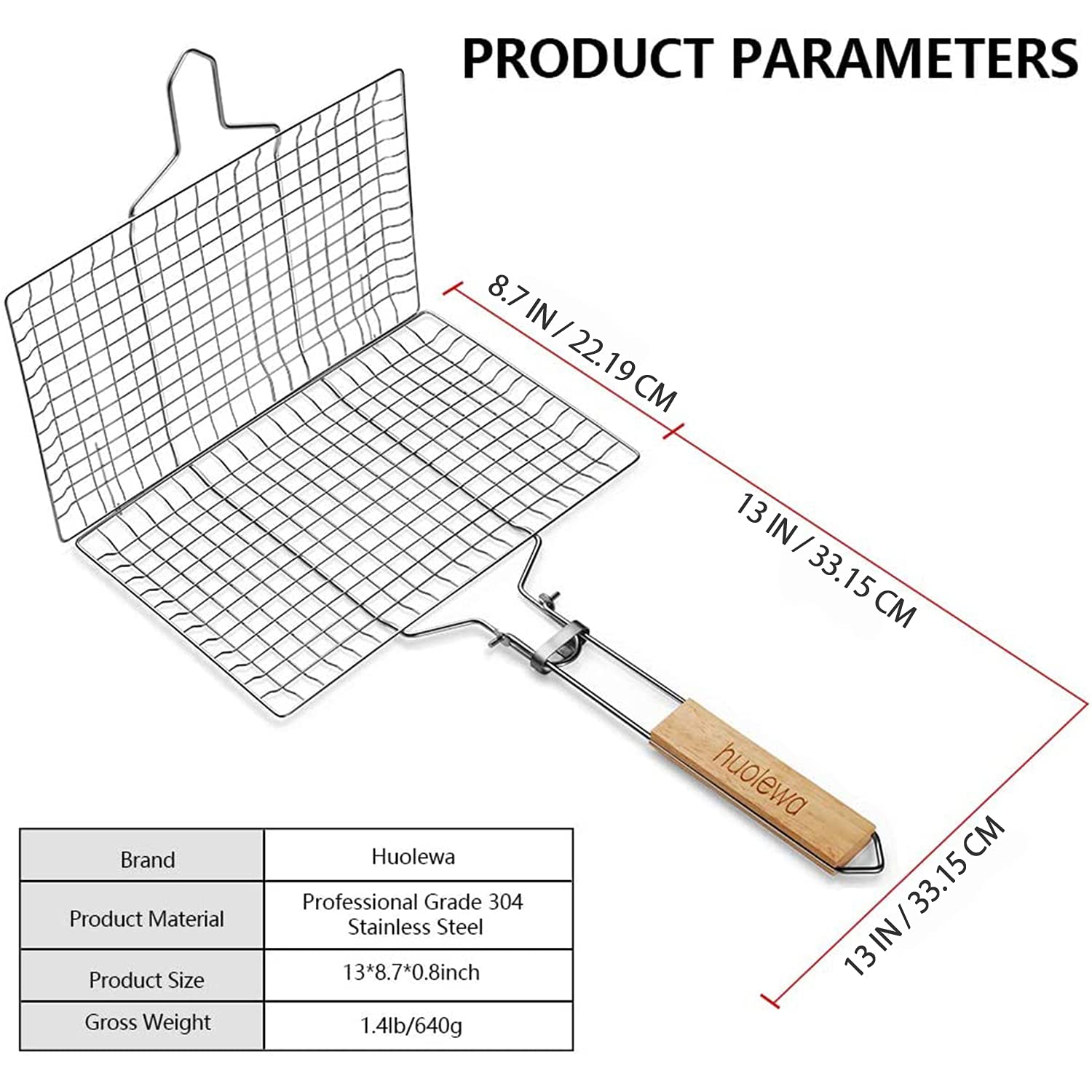 Huolewa plegable Canasta de asado de pescado, canasta de parrilla de barbacoa de acero inoxidable 304 portátil, para parrilla pescado, camarón, incluye pincel para salsa y bolsa de almacenamiento