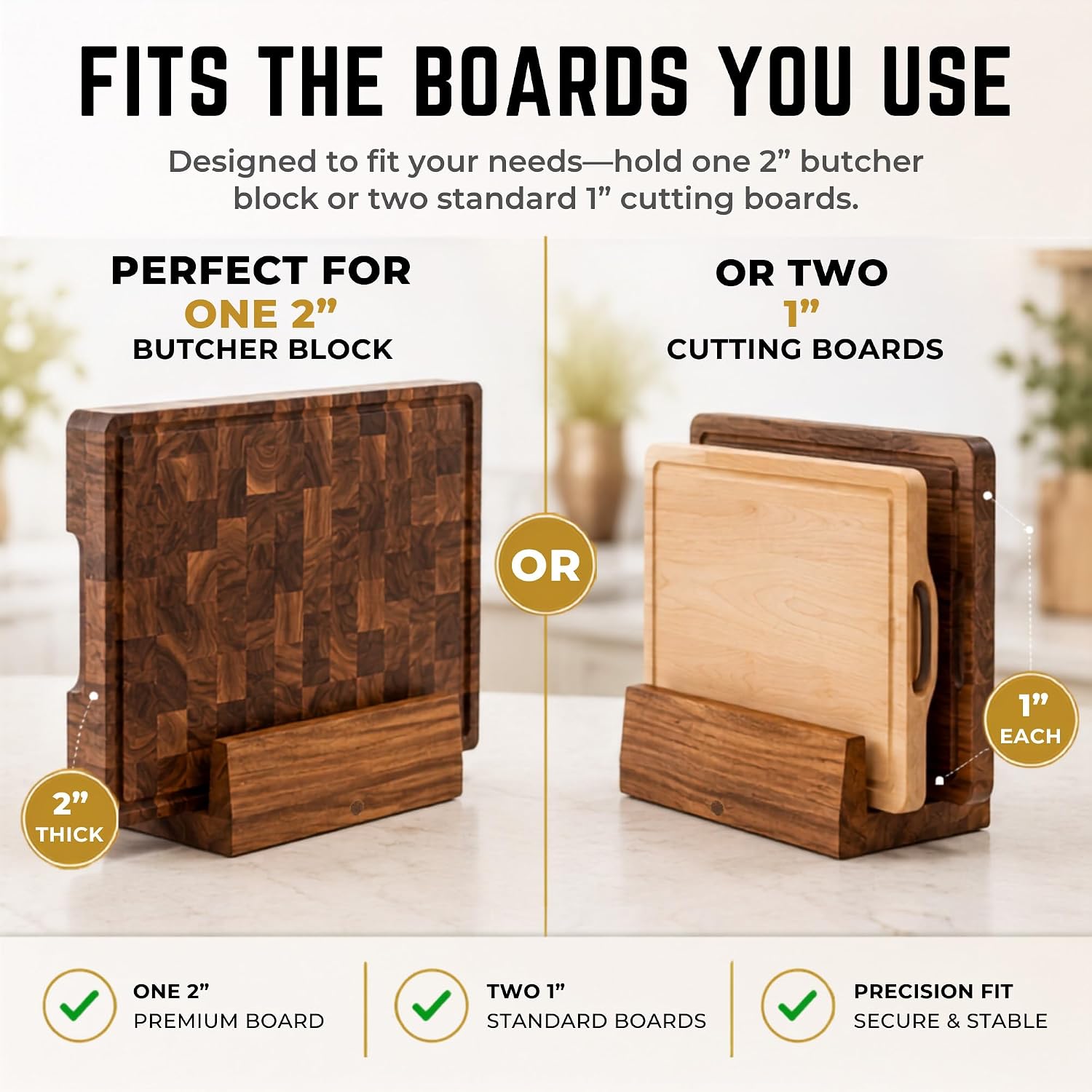 SHUMARU 2-Inch Thick Cutting Board Holder – Solid Hardwood Stand for Premium Butcher Blocks – Perfect Fit for Heavy 2" Thick Boards – Anti-Tip Countertop Organizer Holds Two 1" Boards