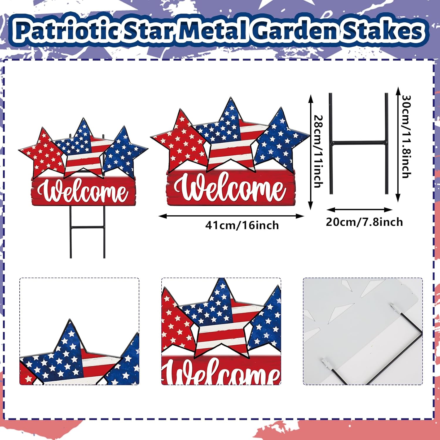 JarThenaAMCS Patriotic Metal Garden Stakes Vintage 4th of July Star Decorative Lawn Sign Welcome Yard Sign for 250th Anniversary Independence Day Home Outside Lawn Porch Decor