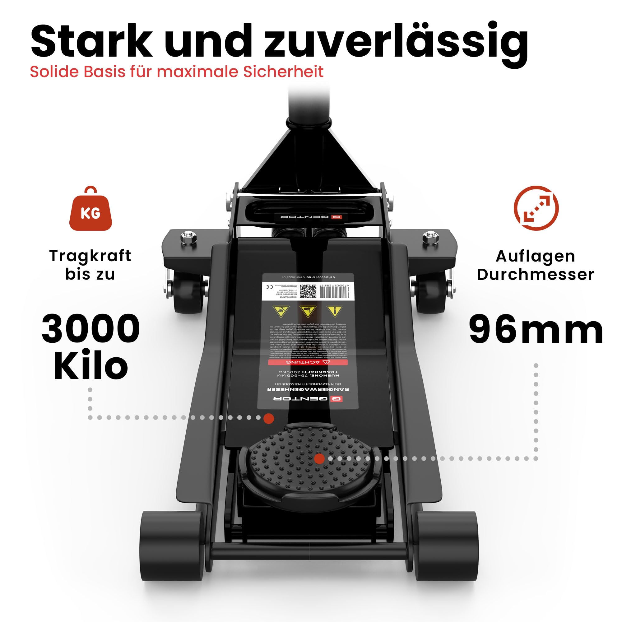 Cric hydraulique 3T - Plat 75-505 mm avec 2 patins en caoutchouc - Cric professionnel pour voiture et SUV - Avec roulettes à 360° - Noir