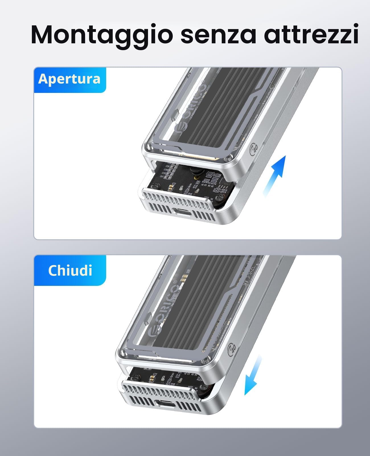 ORICO 40Gbps Case SSD M2 NVMe, Adattatore SSD M.2 NVMe USB Con Ventilatore Incorporato, Compatibile Thunderbolt 3/4 USB 3.2/3.1/3.0/2.0, Esterno Enclosure per M-Key SSD 2230/2242/2260/2280
