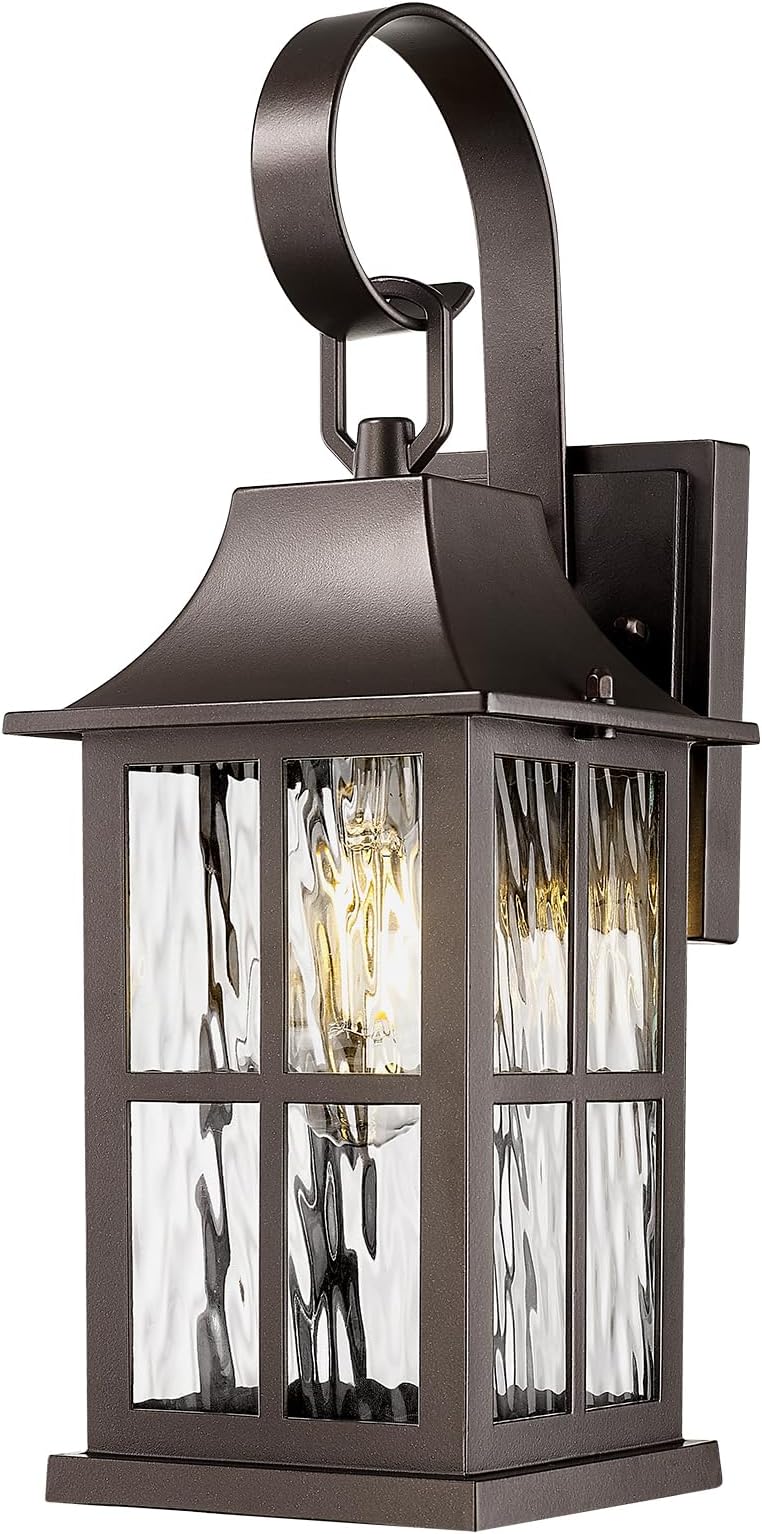 - Emliviar 15.4" Outside Wall Light, Exterior Carriage Light in Oil Rubbed Bronze Finish, Rustic Porch Wall Lamp with Water Ripple Glass, YXE306B ORB-SW