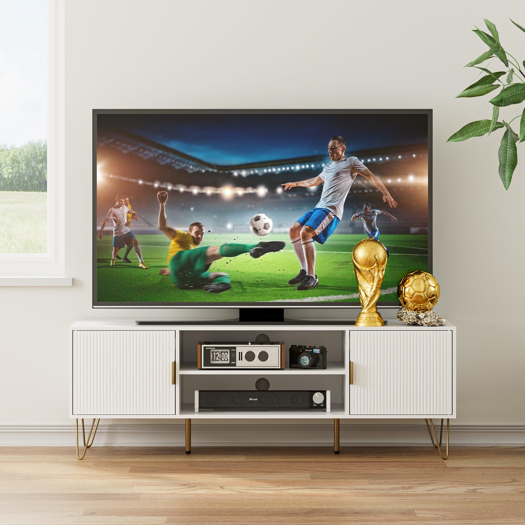 HEYZOEY White Wood TV Stand for up to 65 Inch TV, 137cm TV Unit with 2 Cabinets and Open Shelves, Modern TV Console Table for Living Room,53.9 x 15.0 x 18.9 inches