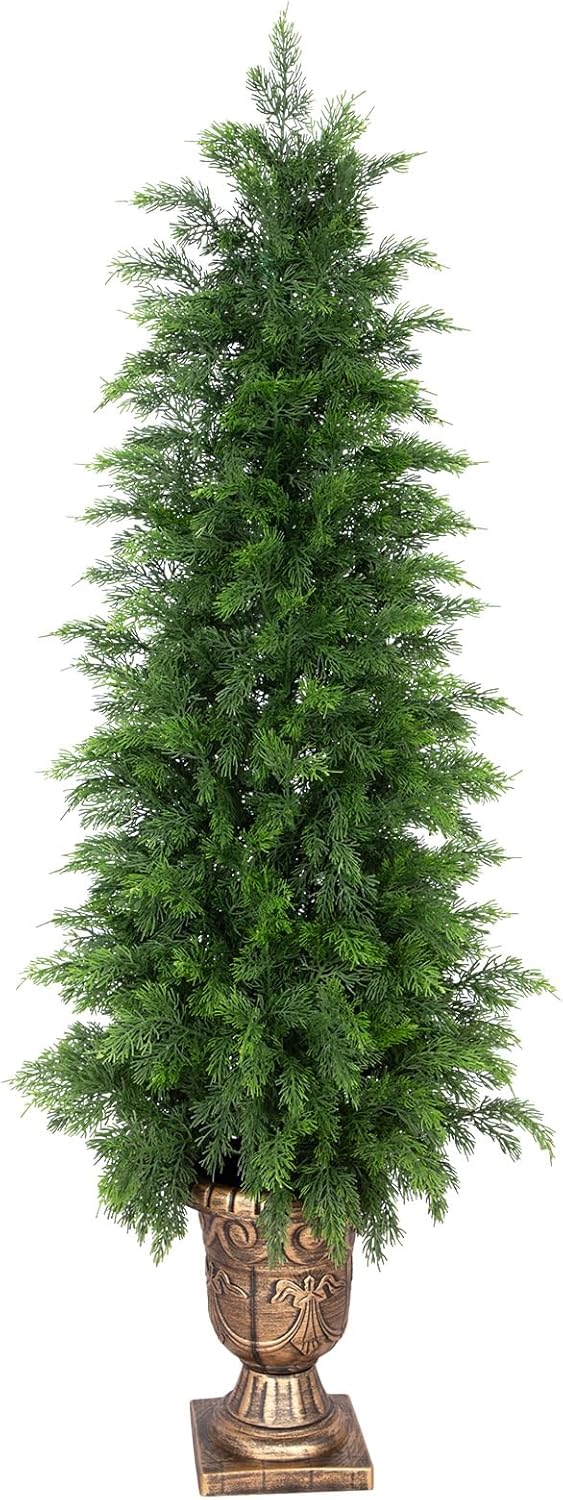 Nafresh 4FT UV Resistant Topiary Trees Artificial with Golden Urn Planter, Artificial Cedar Trees for Outdoor, Faux Cedar Trees for Indoor Outdoor Front Porch Patio Yard Home Decor