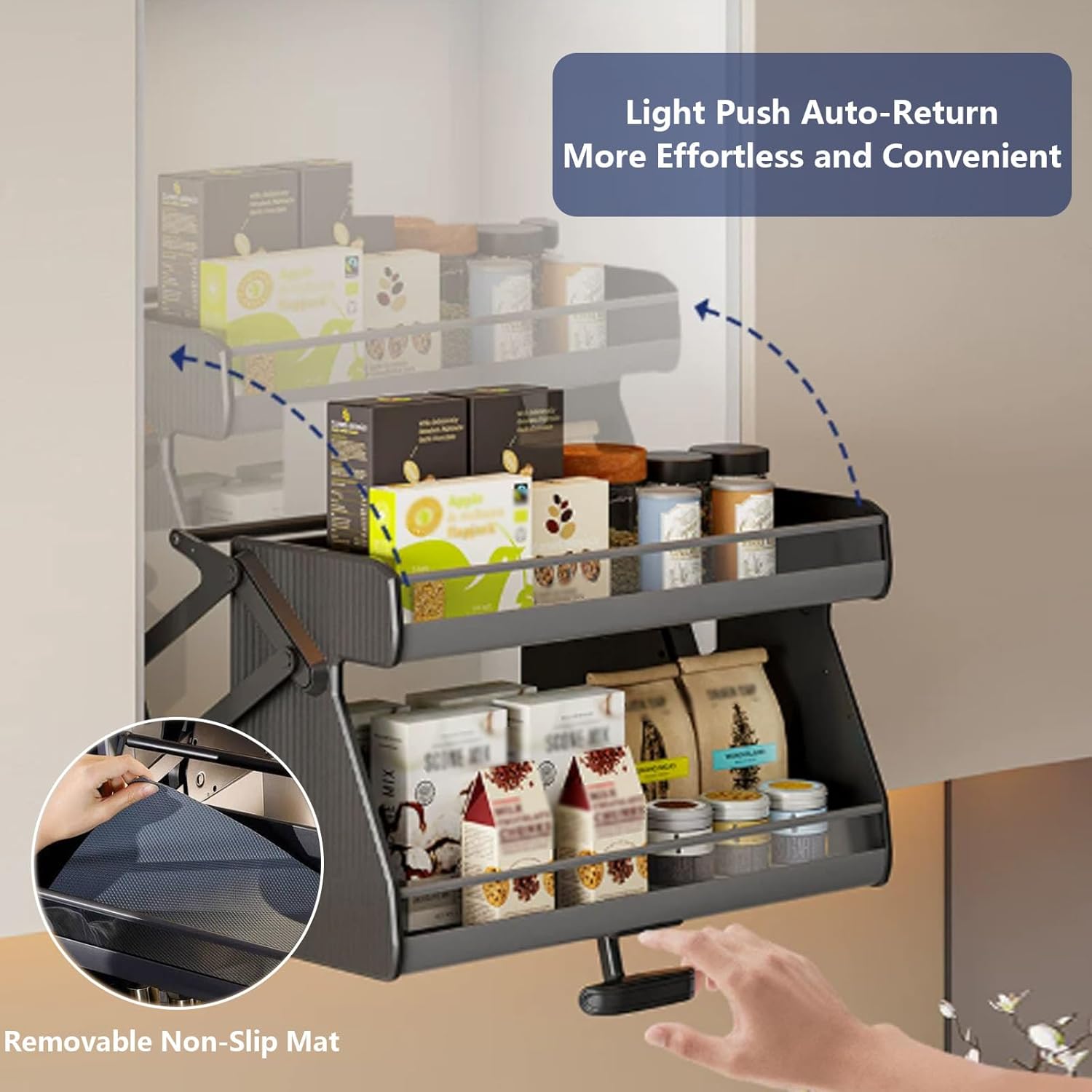 2 Tier Pull Down Shelf Pull Down Cabinet Organizer Features a Removable Washable Non-Slip Mat and Ample Storage Capacity Ideal for Kitchens and Bathrooms 750x250x440mm/30x9.8x17.3in