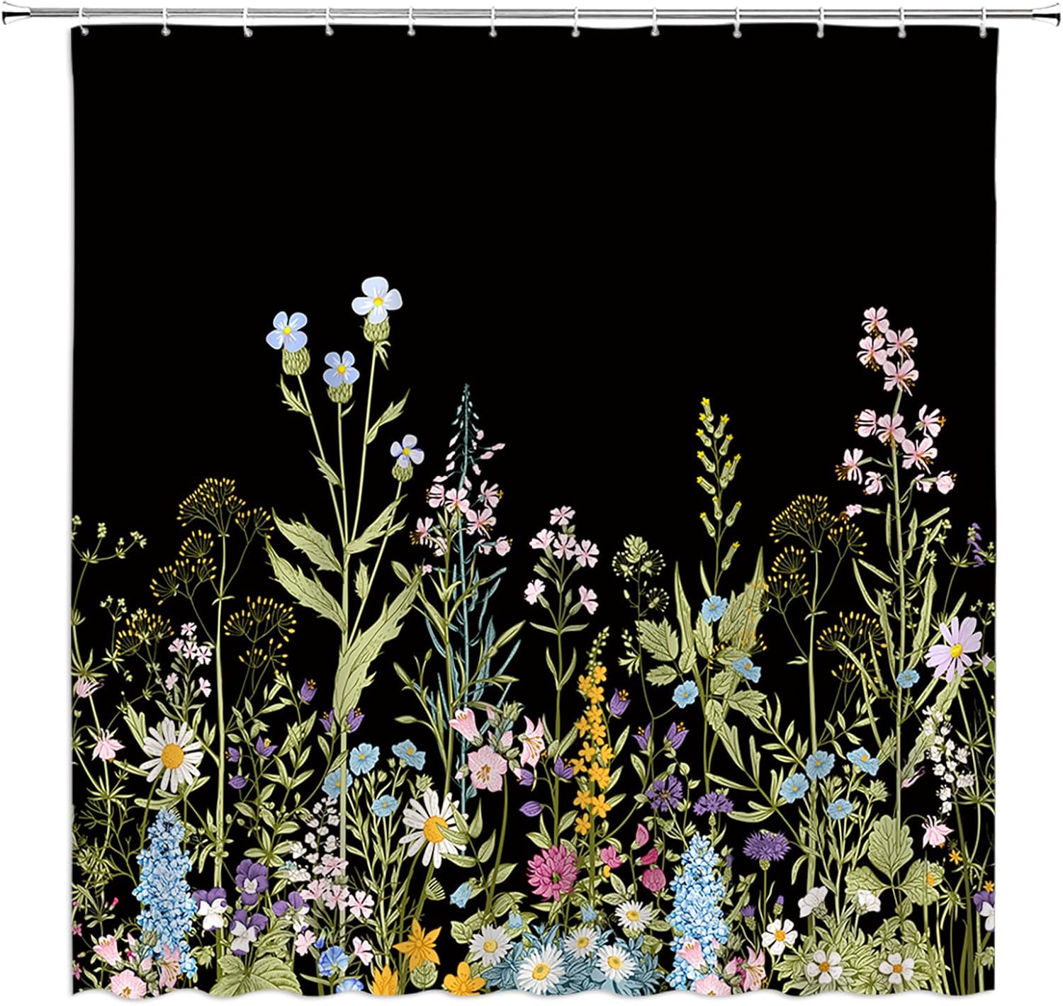 Vintage Herbs Botanical Shower Curtain Black Boho Floral Plant Flowers Rustic Farmhouse Nature Garden Fabric Bathroom Decor Set with Hooks,(78" Wx70 H)