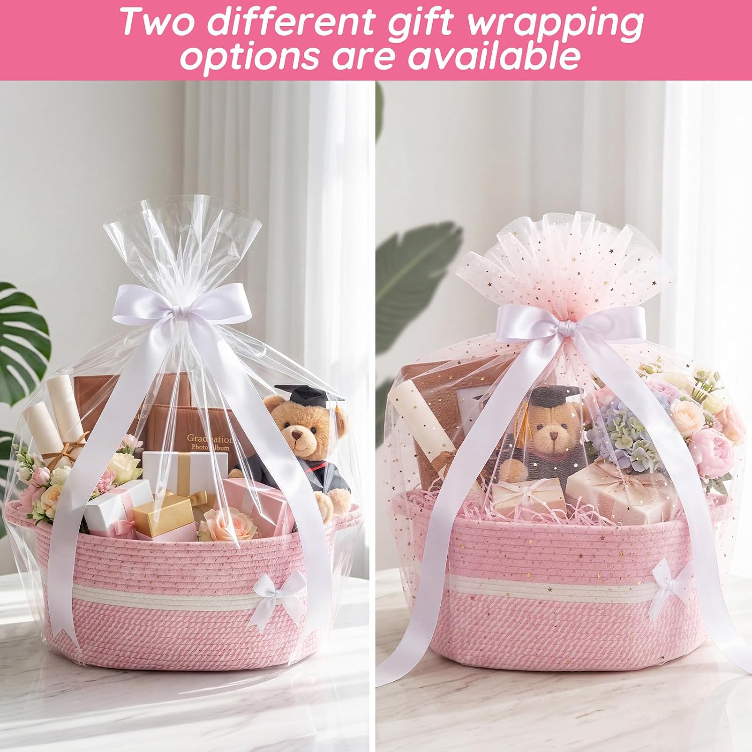 Colingmill Large Woven Gift Basket Empty 17”x13”x7.6” Jumbo Storage Basket with Gift Bag Ribbon and Tulle Gifts Card Paper Filler for Wedding DIY Baby Toy Baskets with Handles(Pink,Gold Foil)