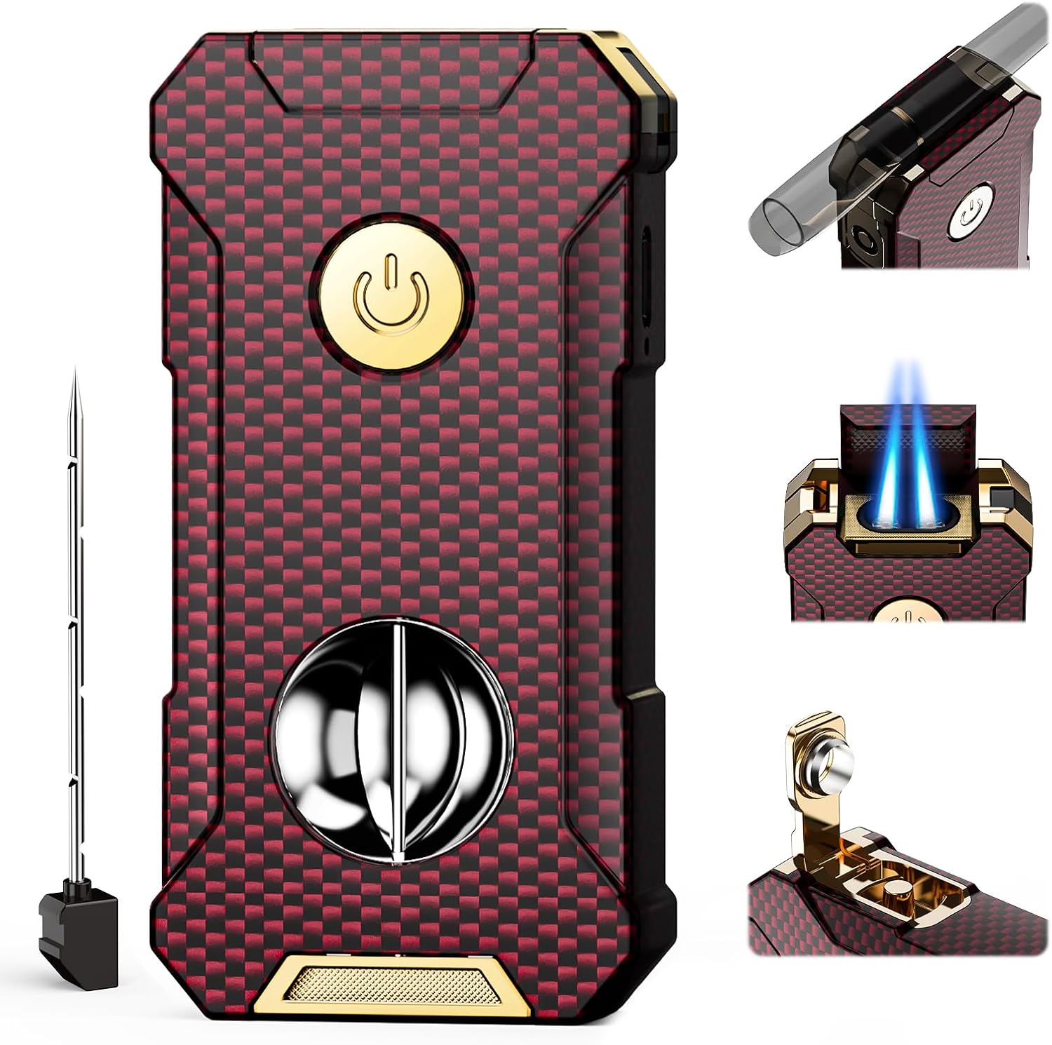 5-in-1 Torch Lighter with Cutter, Punch, Holder, and Draw Enhancer Tool, Adjustable Dual Jet Flames, Trendy Gift for Men, Refillable Butane Lighter, Rechargeable Lighters for Candle, Travel Outdoors