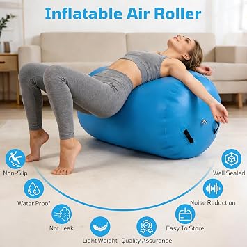 Inflatable Air Roller Gymnastics Barrel, 100 x 60cm(23.6X39.4in) Gymnastics Tumbling Roller Barrel for Backhandspring, Yoga, Cheerleading Training, Home Gym Balance Equipment with Electric Pump, Blue