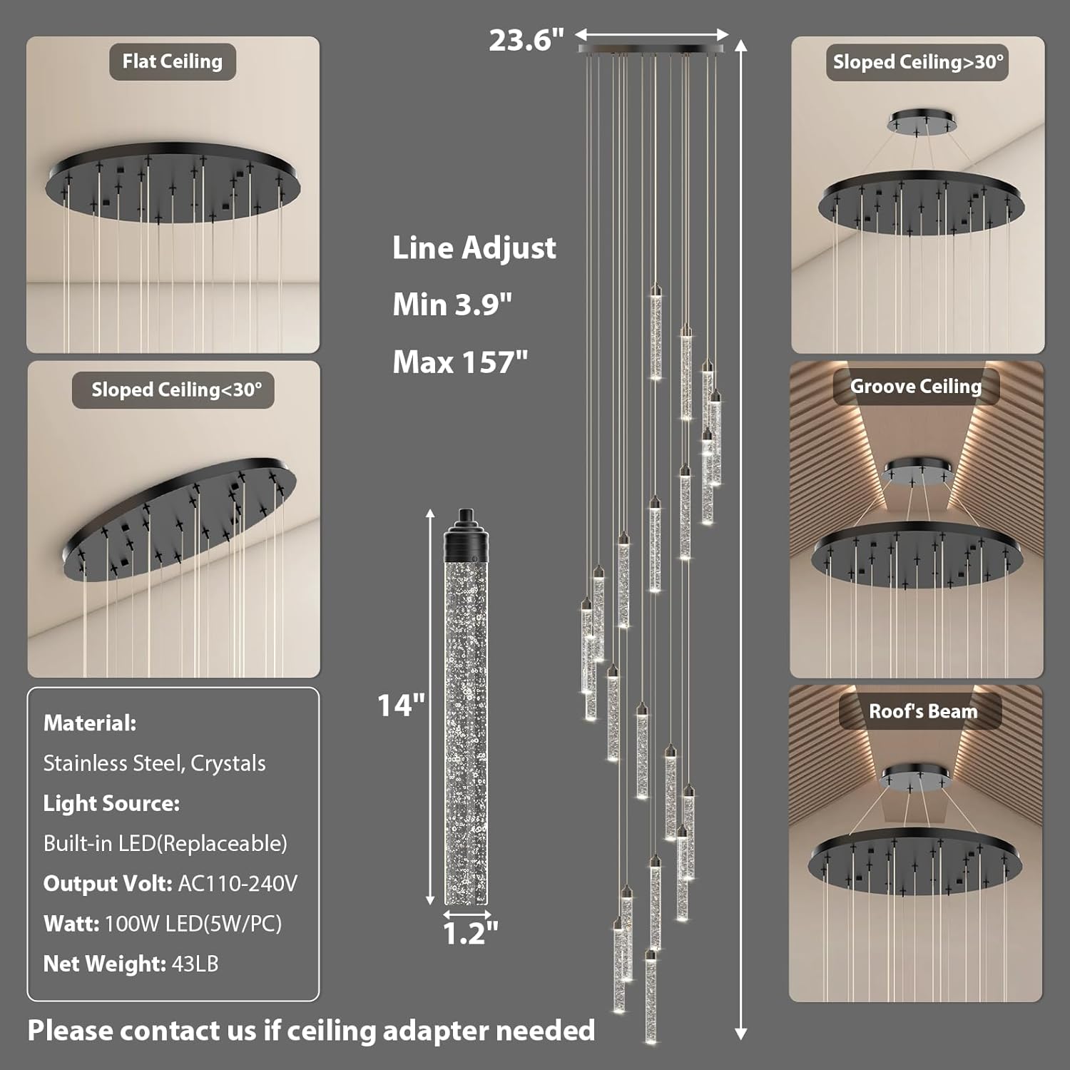 Modern LED High Ceiling Chandelier: 20 Lights Crystal Bubble Dimmable With Remote - Large Spiral Hanging Long Pendant Light Fixture Flush Mount Chandeliers For Entryway Foyer Staircase Living Room