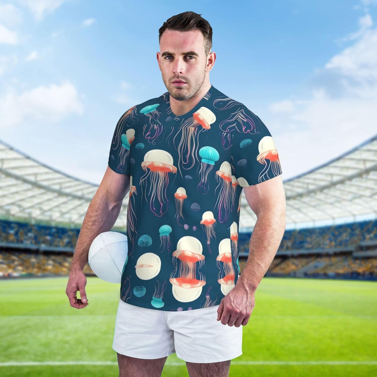 Jellyfish Pattern Rugby Football Jersey for Men, Comfortable V-Neck Loose Fit Top for Team Sports Athletics