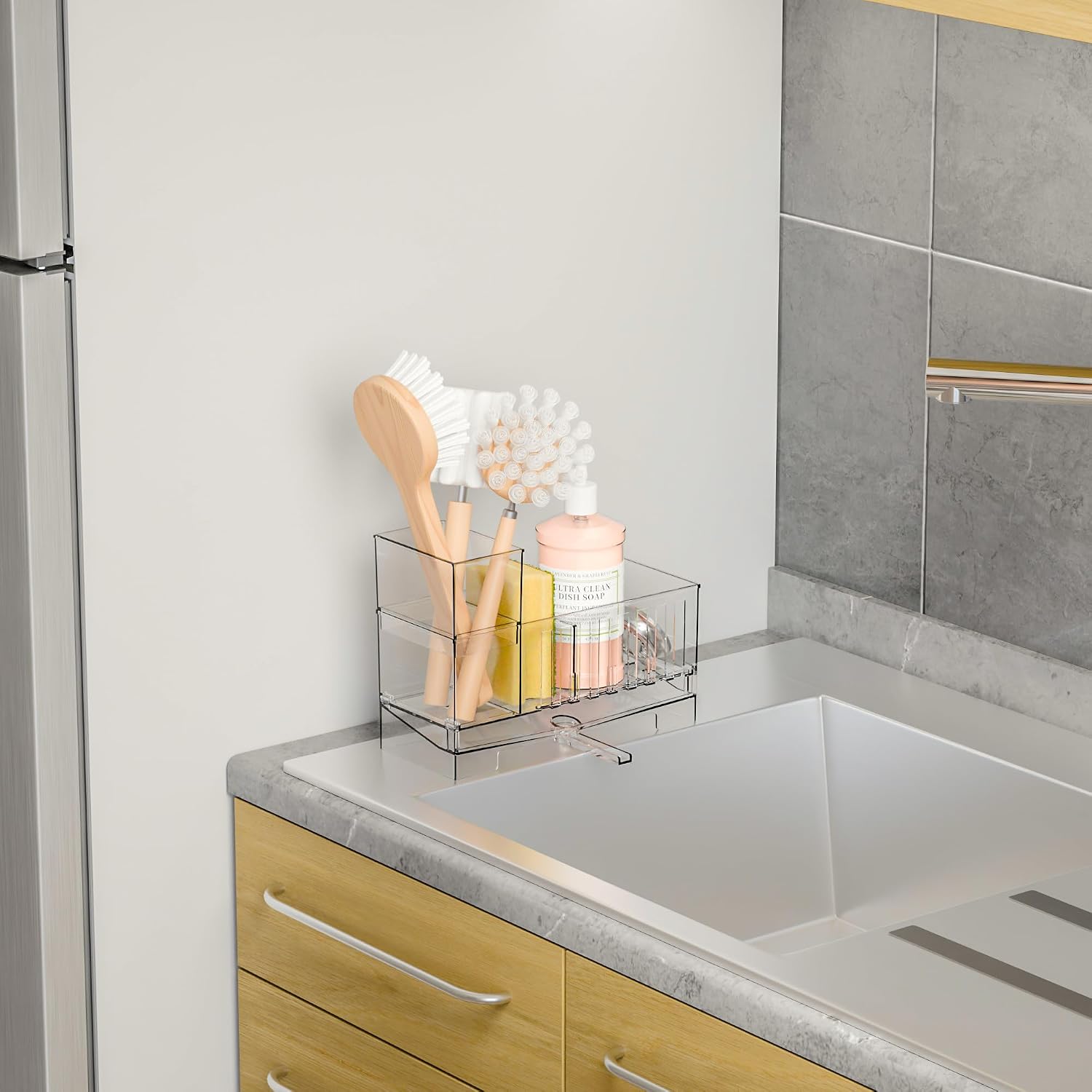 Yieach Clear Sink Caddy Organizer and Sponge Holder for Kitchen Sink