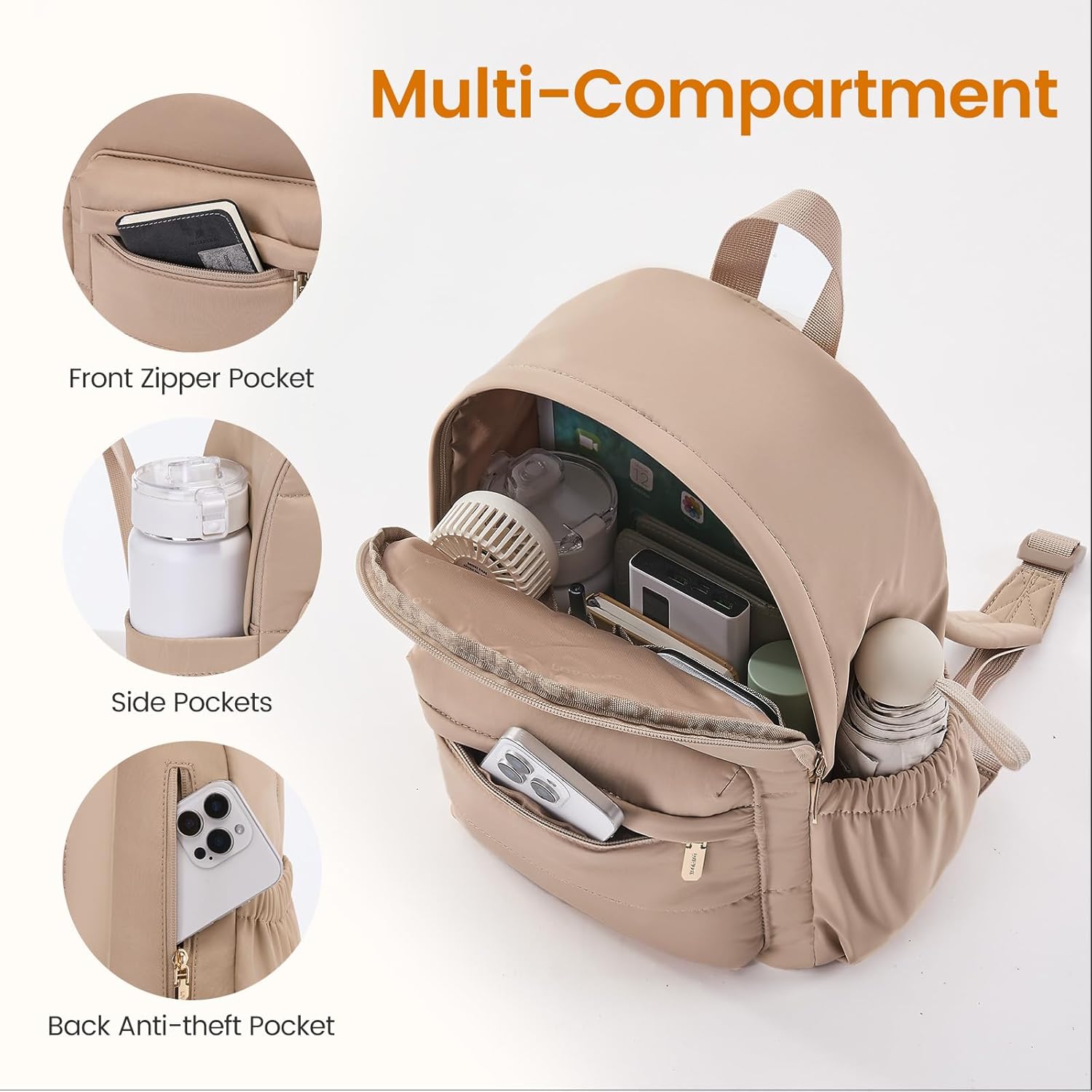LOVEVOOK Mini Backpack Purse for Women, Small Puffer Lightweight Backpack, Casual Daily Daypack Purse for Women, Cute bag with Anti-theft Pocket for Travel-Khaki - Image 4