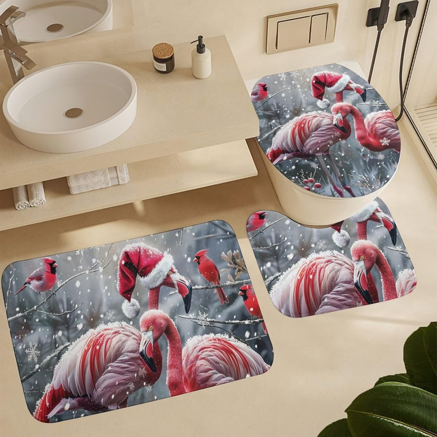 4Pcs Romantic Flamingo Shower Curtain Set, Snowflake Tree Twig Red Bird Santa Hat Bathroom Decor Set with Rug Bathroom Accessory Bathroom Curtain Shower Set, 72" x 72"