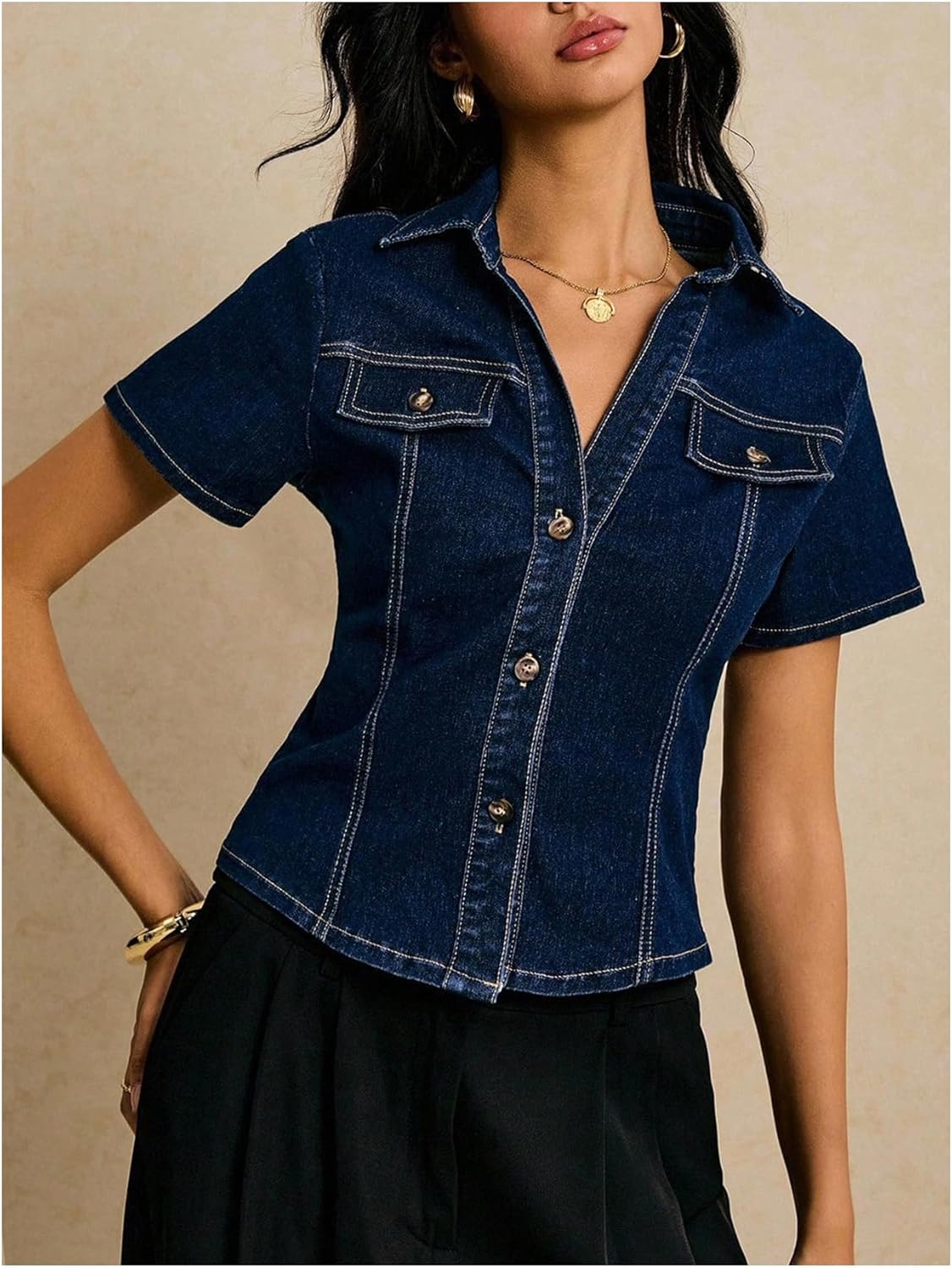 OYOANGLE Women's Short Sleeve Button Down Denim Jackets Collared Fitted Y2K Jean Shirt Tops - Image 2