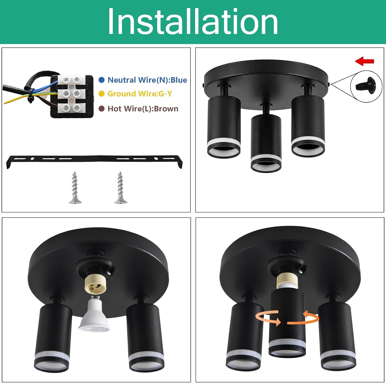 3 Light Track Lighting Kit, LED Track Lighting Fixtures, Black Round Directional Ceiling Spotlight, Adjustable Modern Indoor Ceiling Spotlights for Kitchen, Living Room, Bedroom, No GU10 Bulb