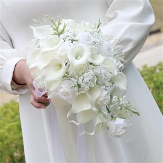 Wedding Bouquets for Bride Artificial White Calla Lily Water Drop Waterfall Bouquets Bridal Cascading Bouquet Flowers for Wedding Bridal Shower Ceremony Anniversary (White Bouquets)