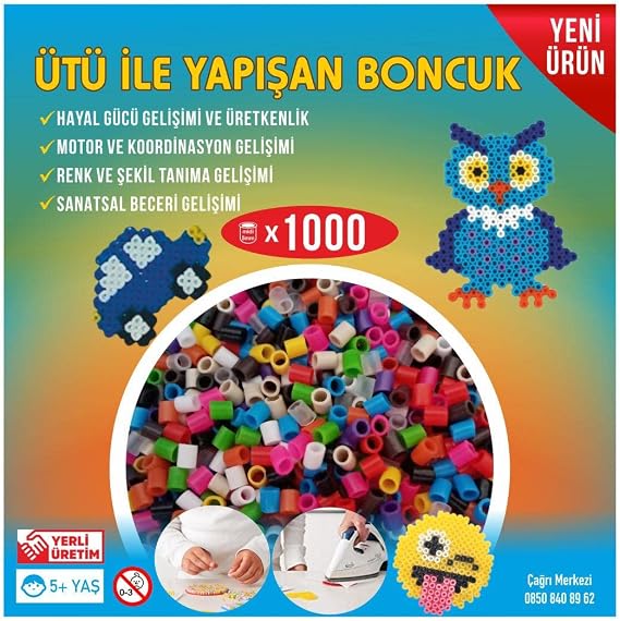 Ütü ile Yapışan 1000'li Renkli Boncuk-Tabla-Cımbız 3'lü Set