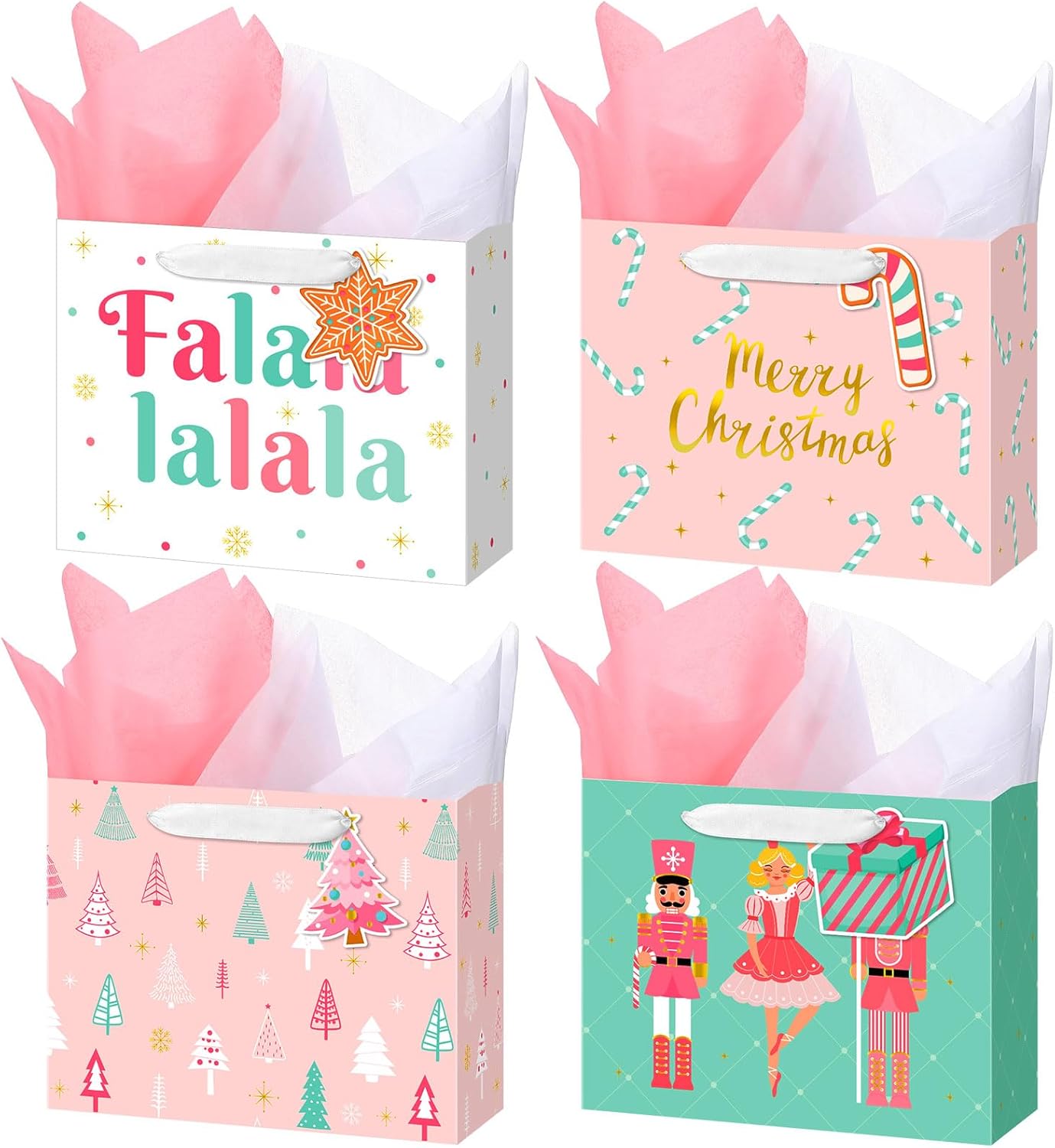 AmazingSpark 16 Pcs Christmas Gift Bags with Tissue Paper and Handle Neutral Nutcracker Christmas Holiday Paper Gift Bags with Tag for Party Favor Wrap Present Giving 4 Style, 10 x 8 x 4 Inch(Classic)