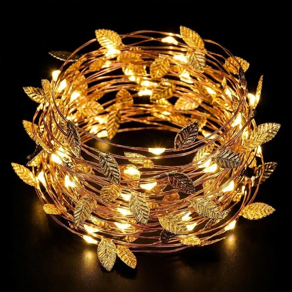 InteDesign 3M 20Led Gold Leaf String Fairy Lights Battery Operated Light Up Garland Ivy Fairy String Lights for Wedding Balcony Wall Bedroom Home Decor