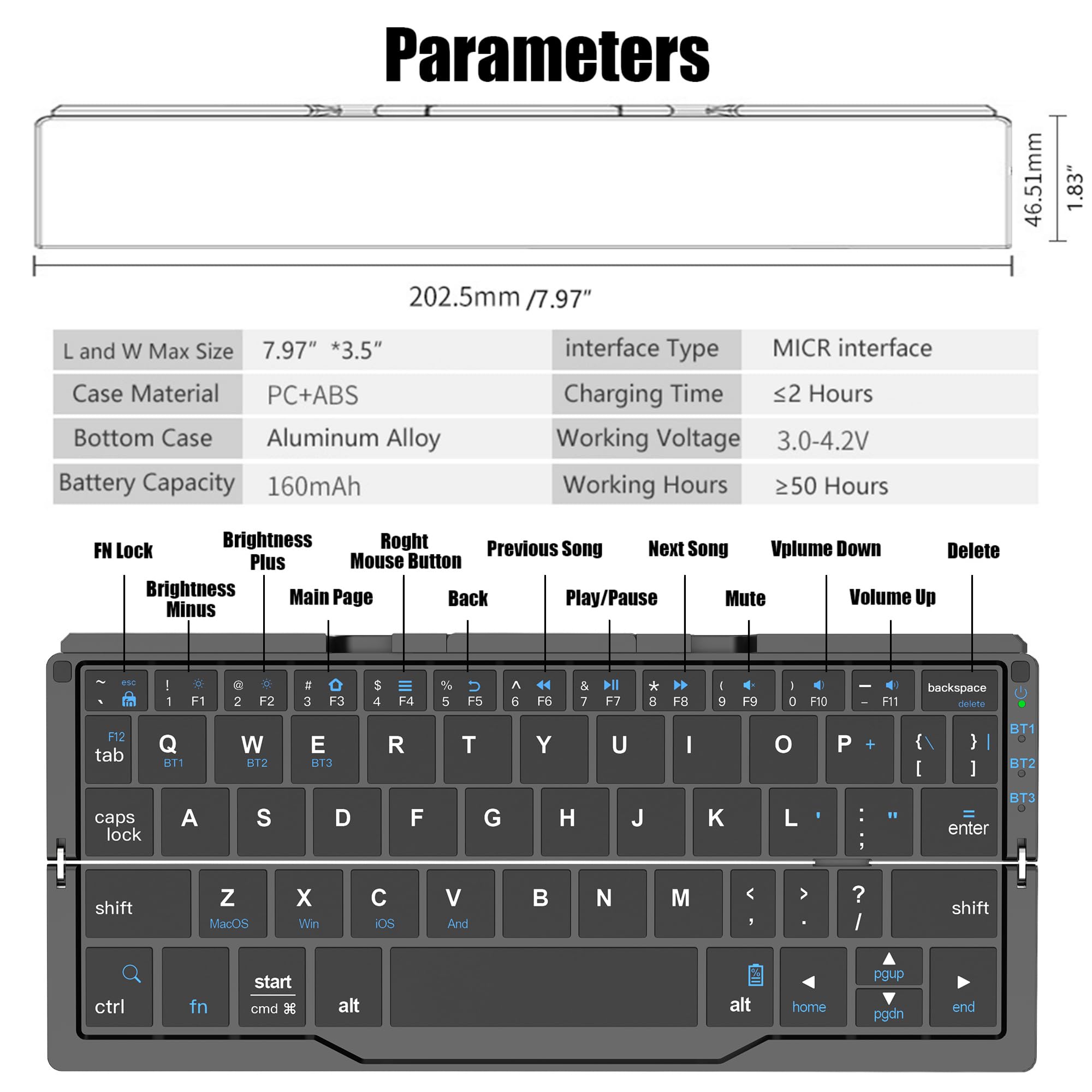 Tastiera Bluetooth Pieghevole QWERTY Silenziosa con Supporto Magnetico, Mini Tastiera Wireless Ricaricabile in Alluminio per iPad, Tablet, Smartphone, Laptop（Nero）