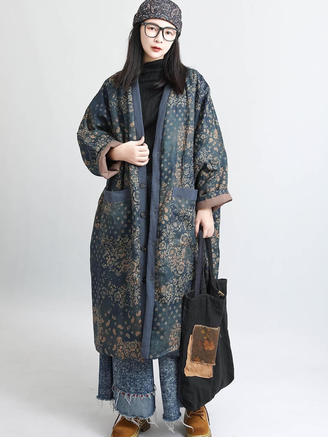 LUZU JUNU Women's Printed Quilted Coats Casual Vintage Cardigan Bohemia Long Jacket Fall Winter Button Outwear