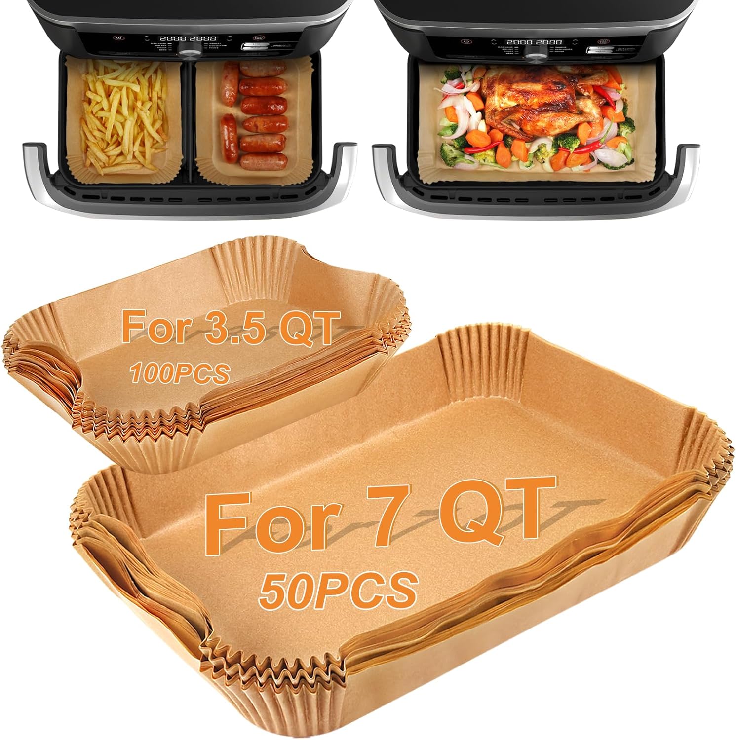 BYKITCHEN Air Fryer Liners for Ninja Foodi DZ071 7-QT/ 11-QT/Instant 9 Qt DualZone FlexBasket Airfryer, 100pcs Small Air Fryer Dual Liners & 50pcs Large Papers for 7-qt/11-qt Megazone
