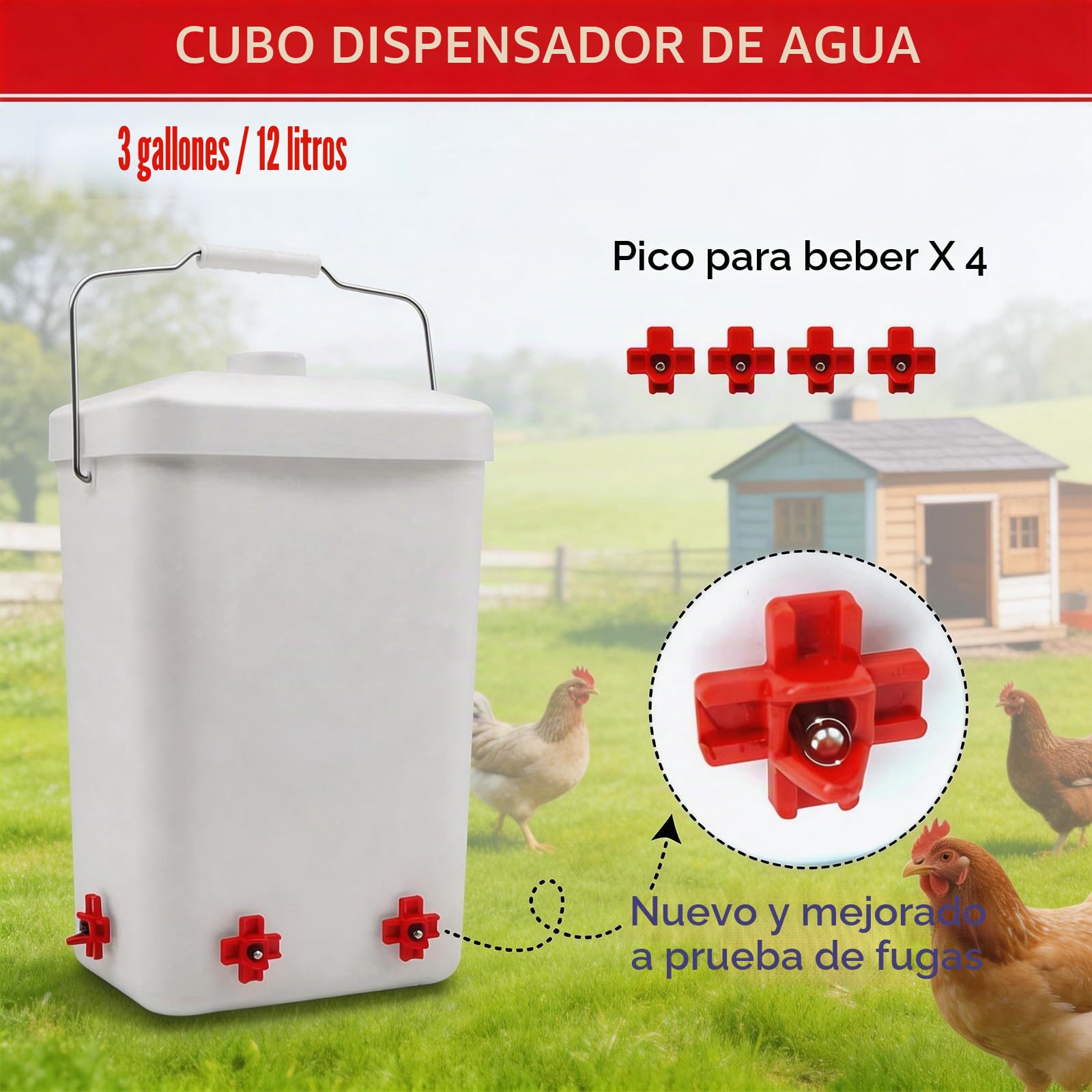 Bebedero para Gallinas con Asa Transportable, Bebederos para Gallinas de Plástico Resistente con Varias Salidas de Agua, Adecuado para Gallinas, Pavos y Aves Pequeñas en Granjas y Corrales Domésticos