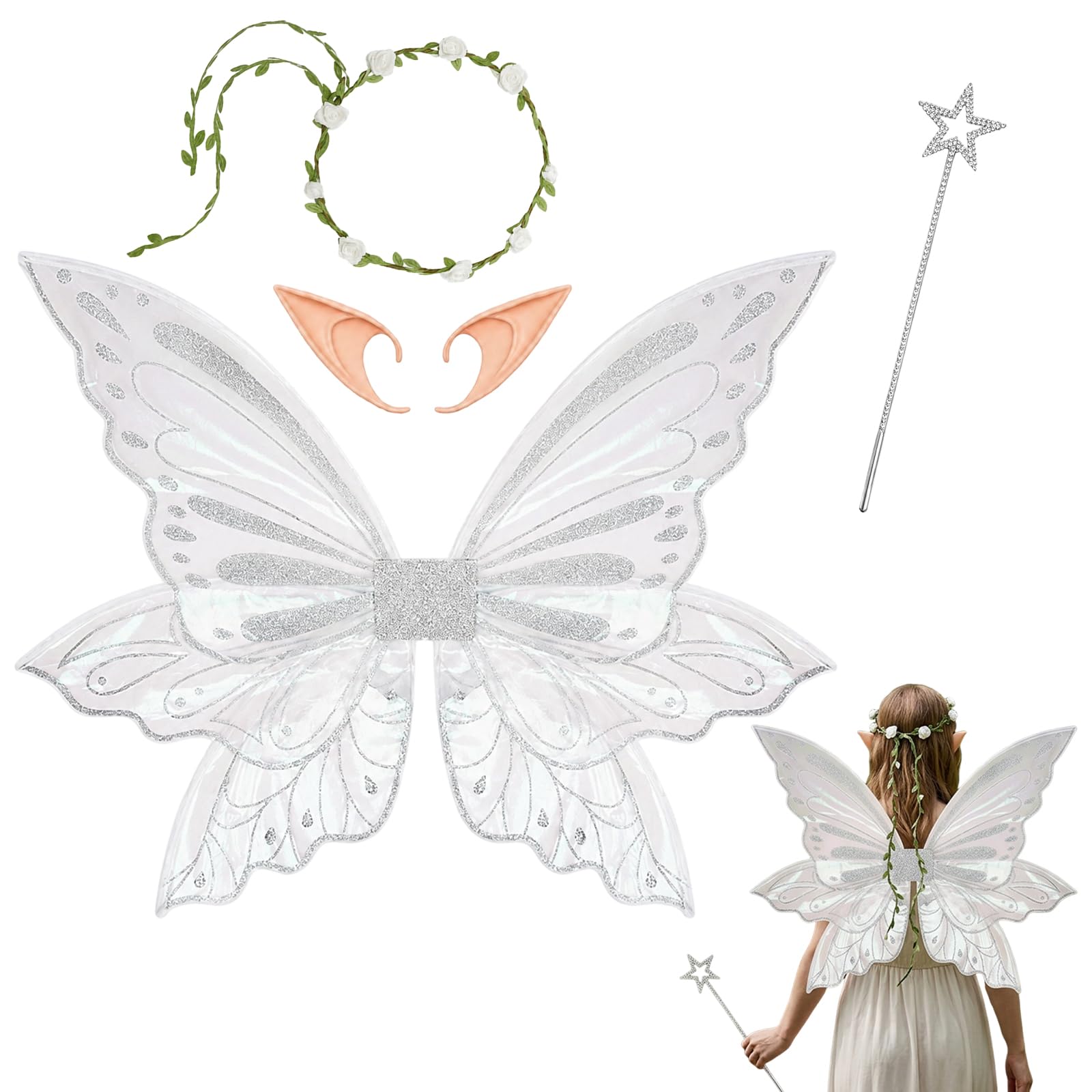 XazNvc Large Fairy Wings, Fairy Costume Accessories with Flower Headband, Elf Ears, Fairy Wand, Sparkling Sheer Angel Princess Fancy Dress Up for Halloween Party Cosplay