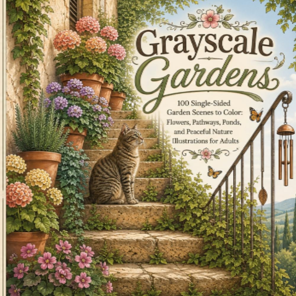 Grayscale Gardens: 100 Single-Sided Garden Scenes to Color: Flowers, Pathways, Ponds, and Peaceful Nature Illustrations for Adults
