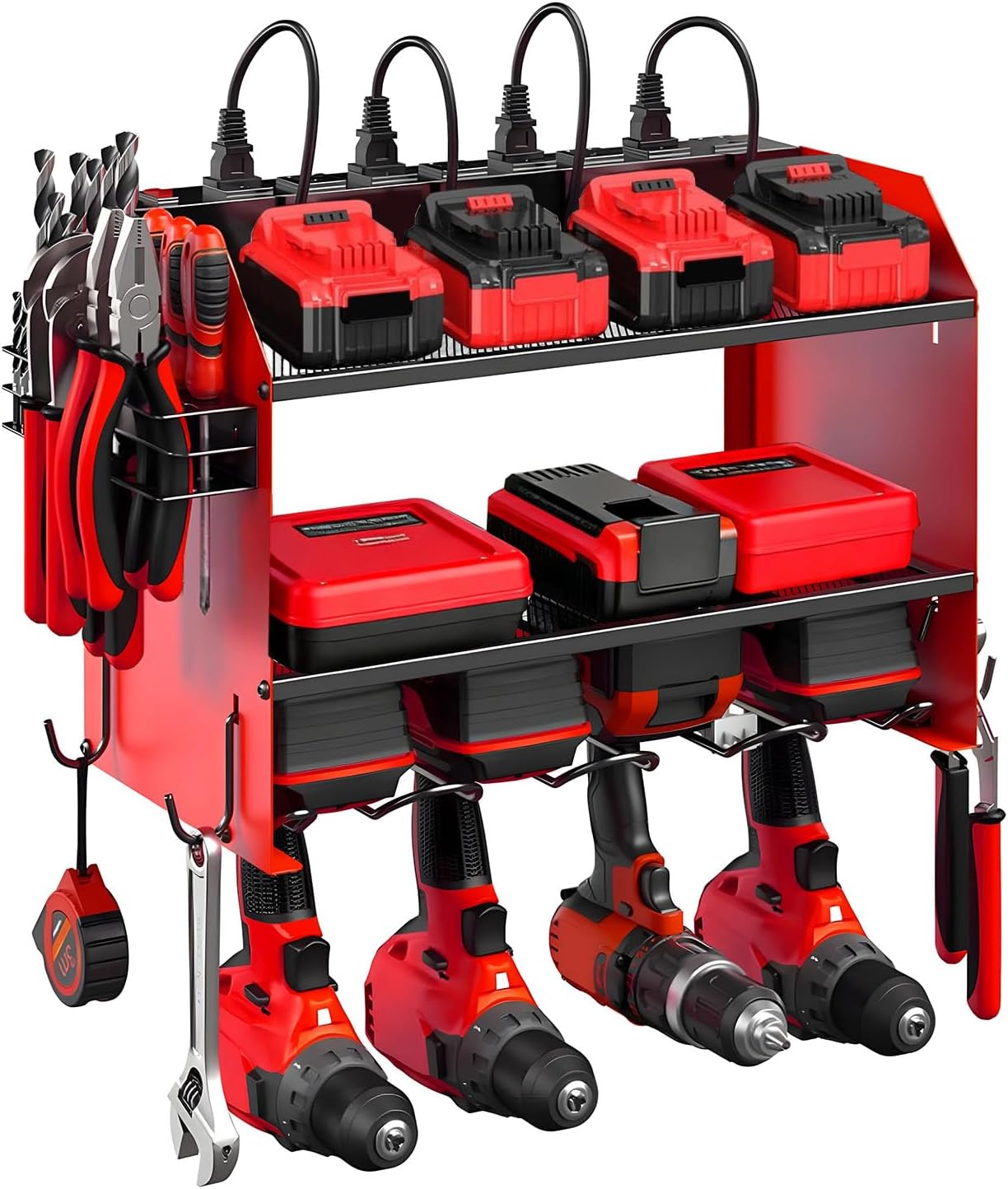 Power Tool Organizer Wall Mount with Charging Station, Heavy Duty 3 Layers Tool Storage Rack with 4 Cordless Drill Holder, Battery Holder with 8 Power Strip, Ideal for Garage, Warehouse, Workshop