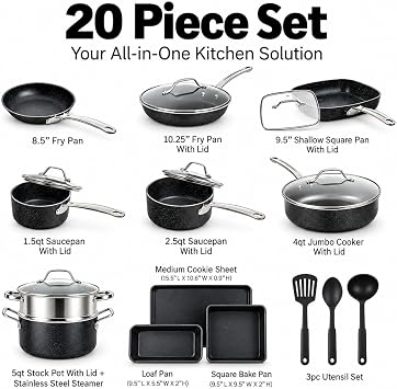 GRANITESTONE 20pc Pots and Pans Set Non Stick Cookware Set, Diamond Infused