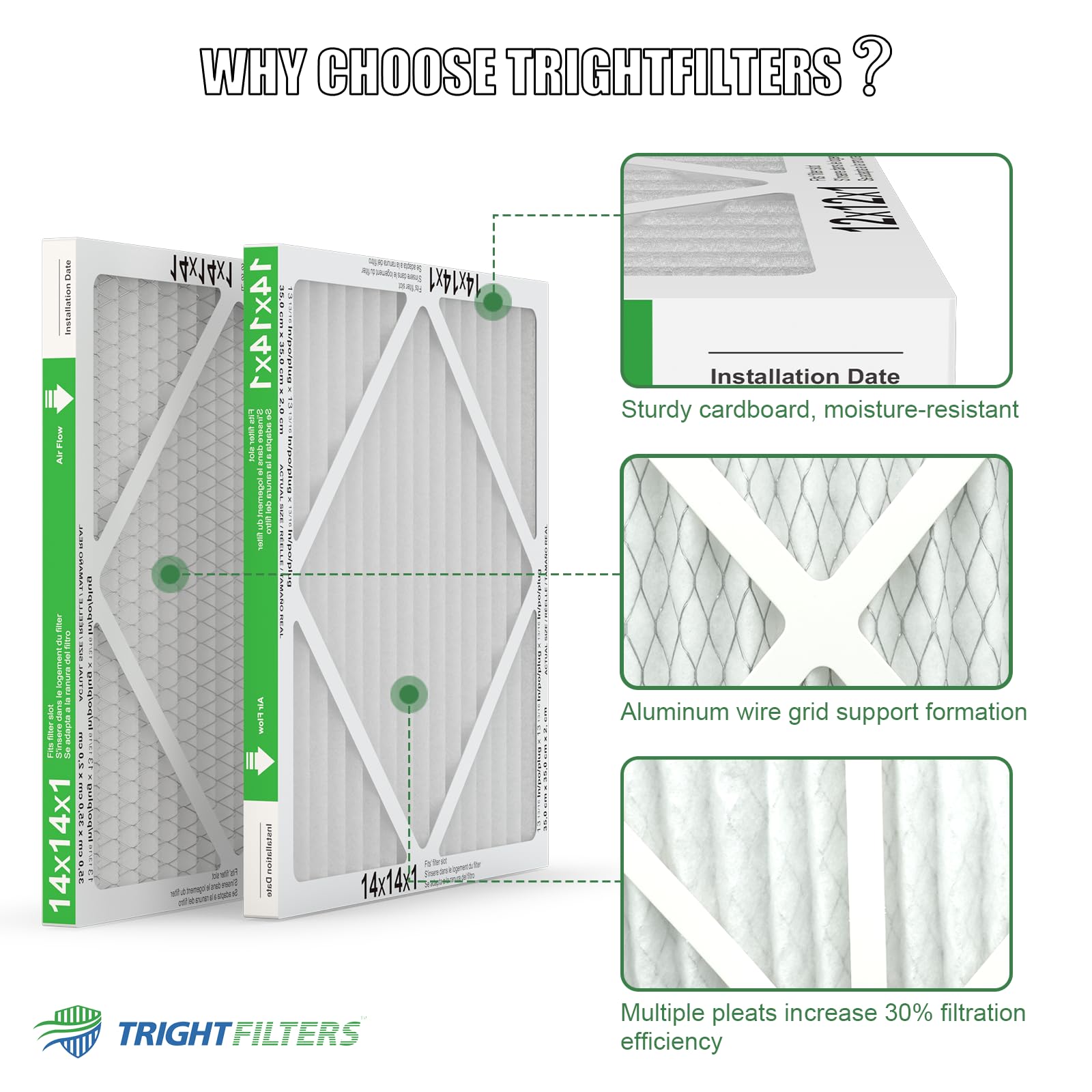 TRIGHTFILTERS Filtro dell'aria 14 x 14 x 1, confezione da 6, durevole MERV 8 pieghettato per la casa HVAC AC filtri per forni elettrici, filtro di ricambio leggero e compatto per condizionatore d'aria