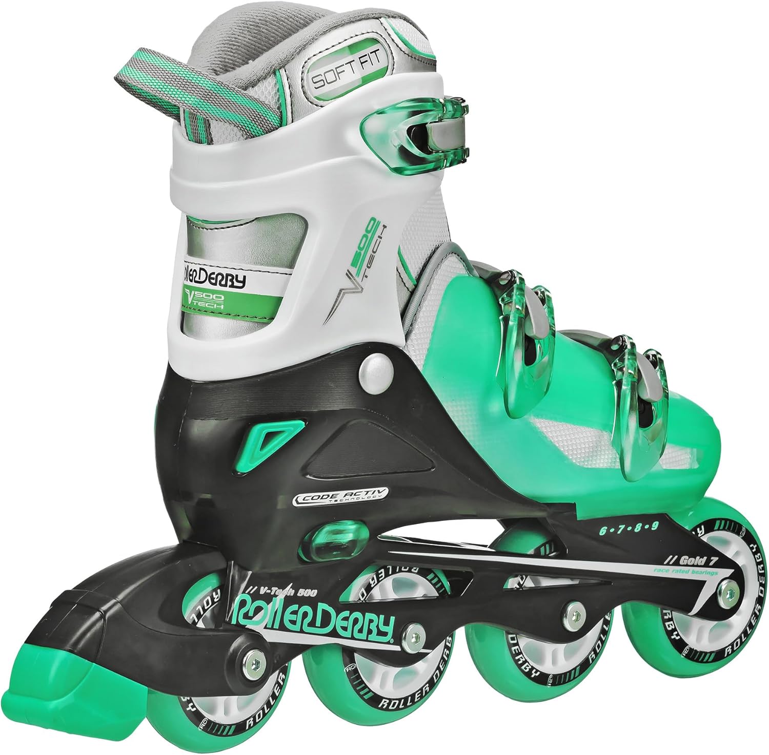 roller derby v-tech 500 adjustable performance inline skates for men, women, kids, teens mint