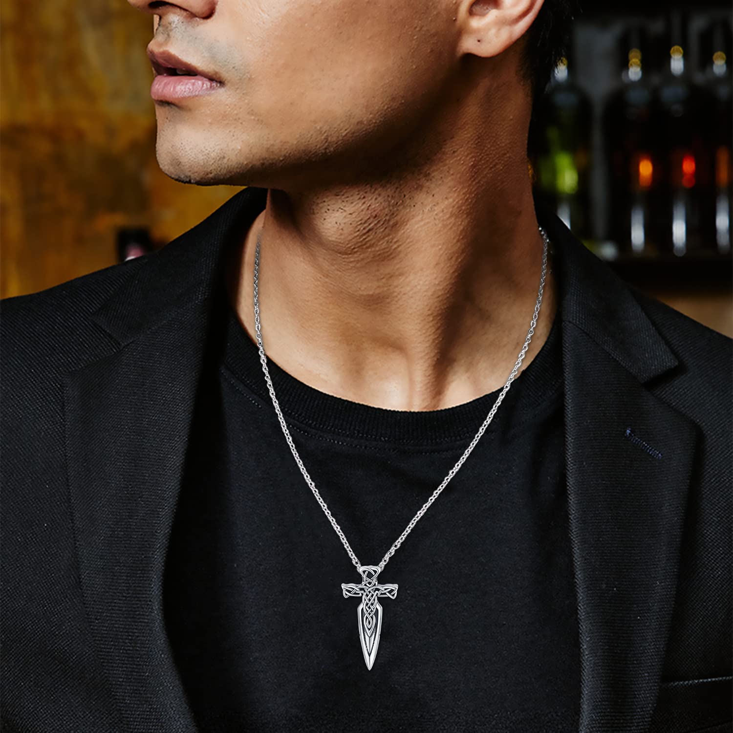 Collar de espada para hombre, plata de ley 925, nudo celta negro, colgante de espada de ángel guardián, collar de cruz, joyería gótica retro vikinga, regalo para hombres, novios y mujeres, Plata