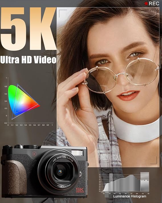 NBD 5K Digital Cameras for Photography,18X Digital Zoom Autofocus,180 Screen Flips, Anti-Shake,64MP Vlogging Cameras for YouTube,2 Batteries,64GB TF Card (Black)