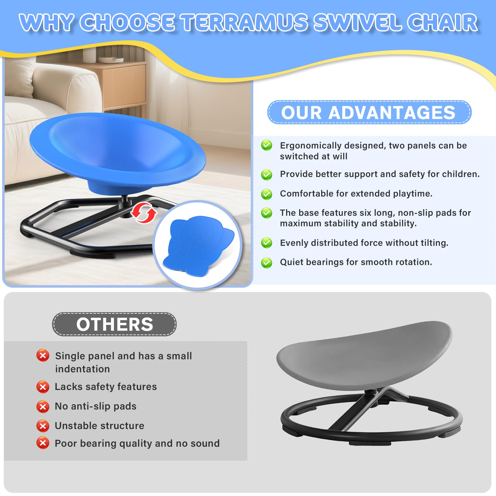 TERRAMUS 2 sillas giratorias para niños, asiento giratorio de 360°, taburete giratorio de equilibrio, entrenamiento de coordinación física y equilibrio, juguetes de detección de autismo para niños y